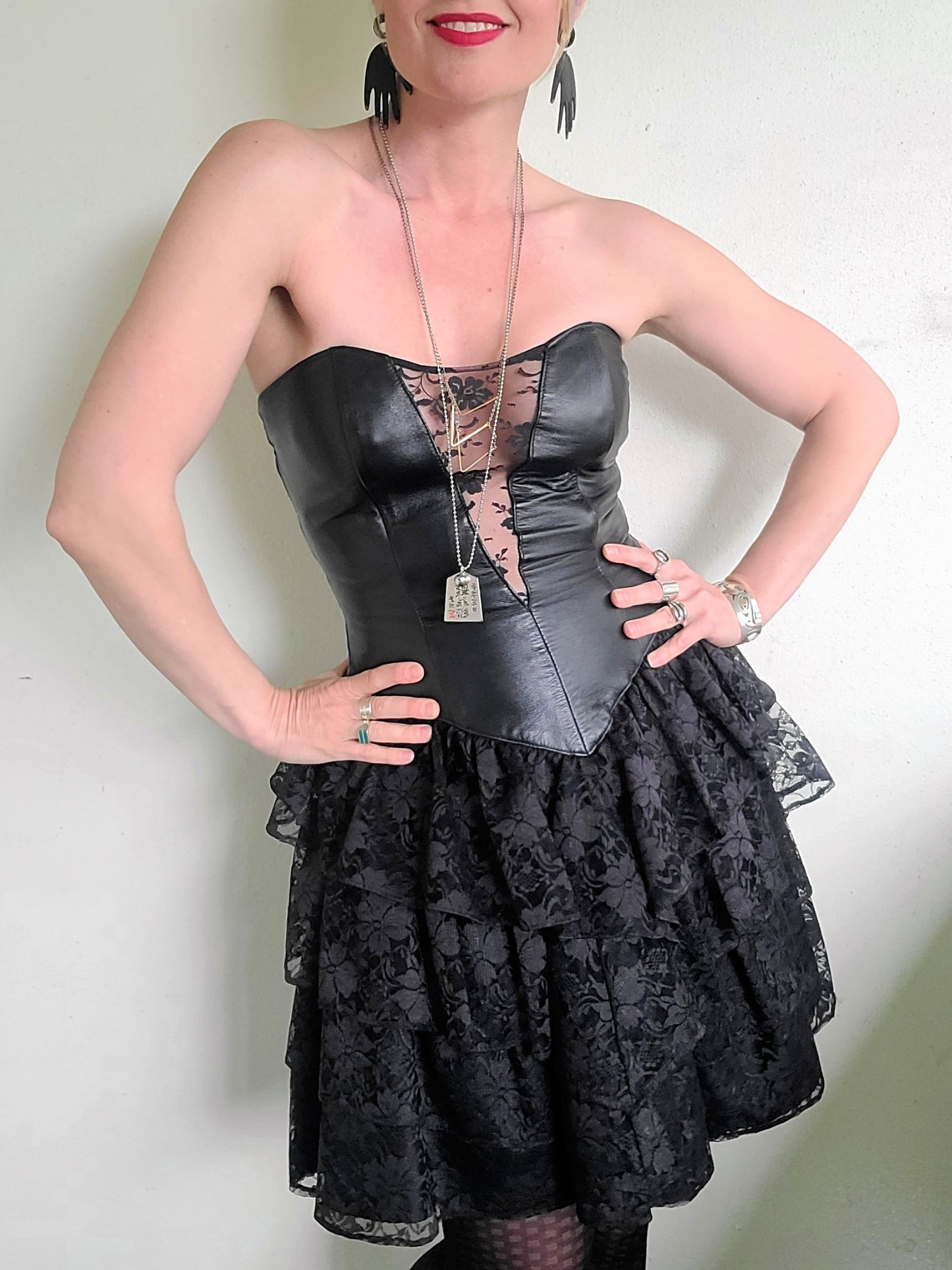The Black Swan Iconic 1980s Leather + Lace Dress XS