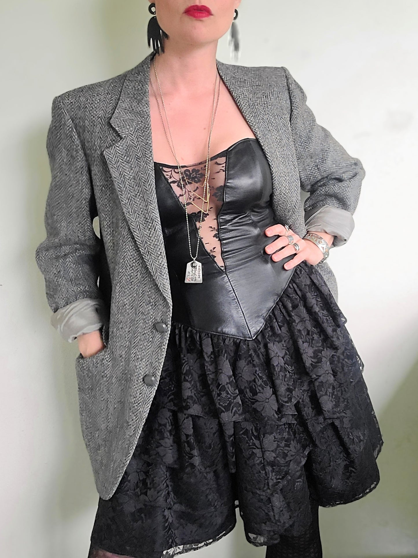The Black Swan Iconic 1980s Leather + Lace Dress XS