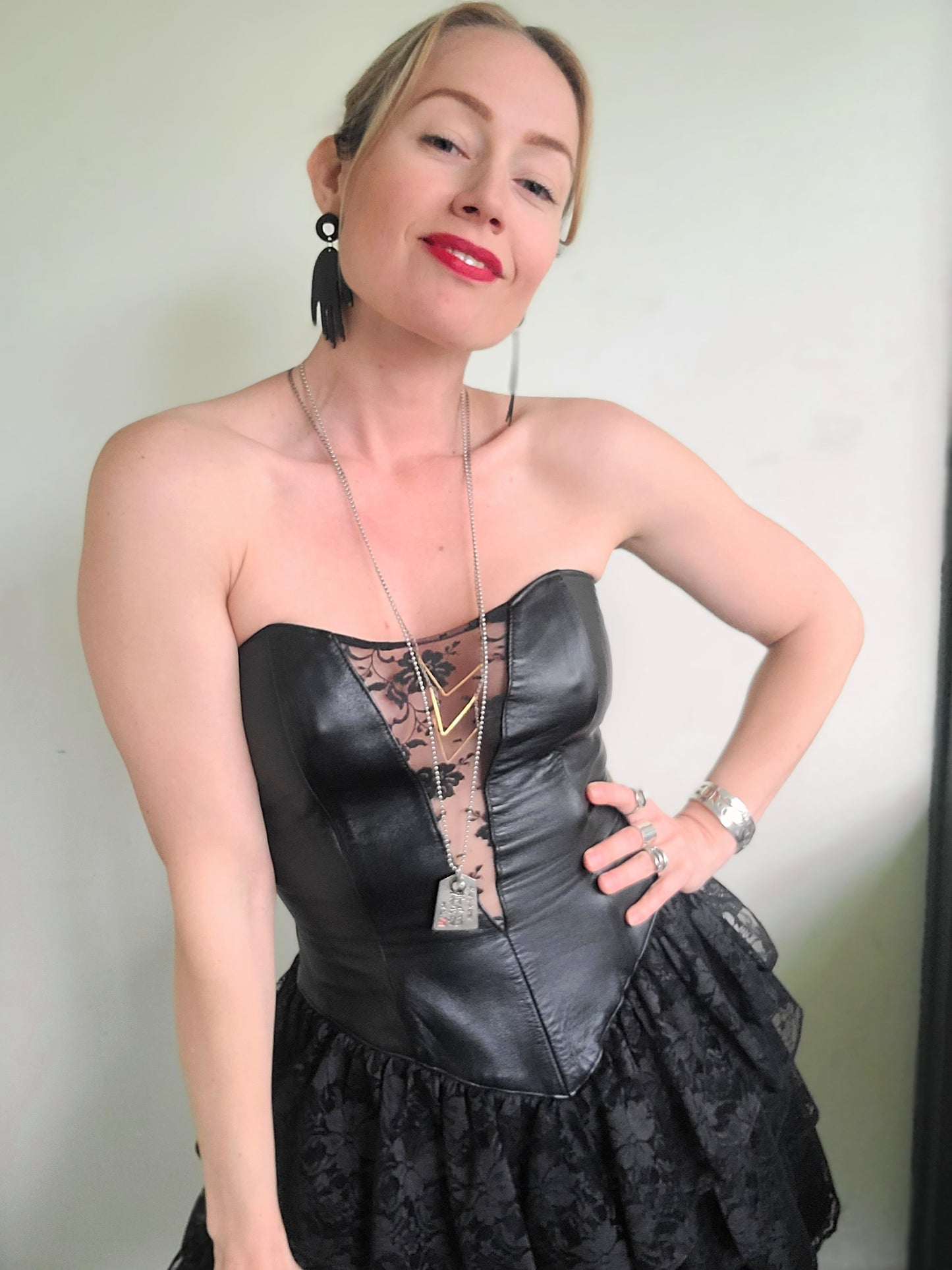 The Black Swan Iconic 1980s Leather + Lace Dress XS