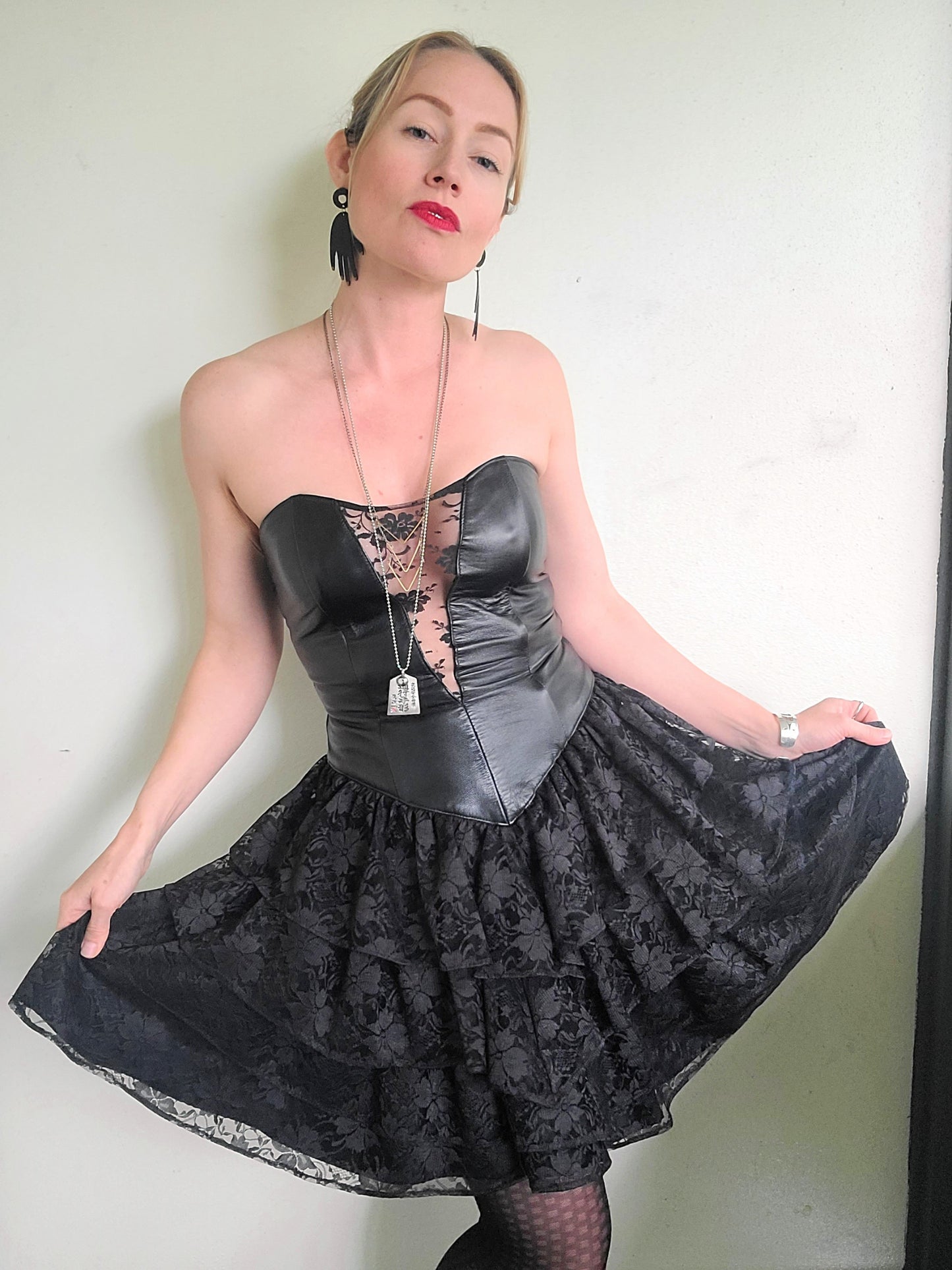 The Black Swan Iconic 1980s Leather + Lace Dress XS