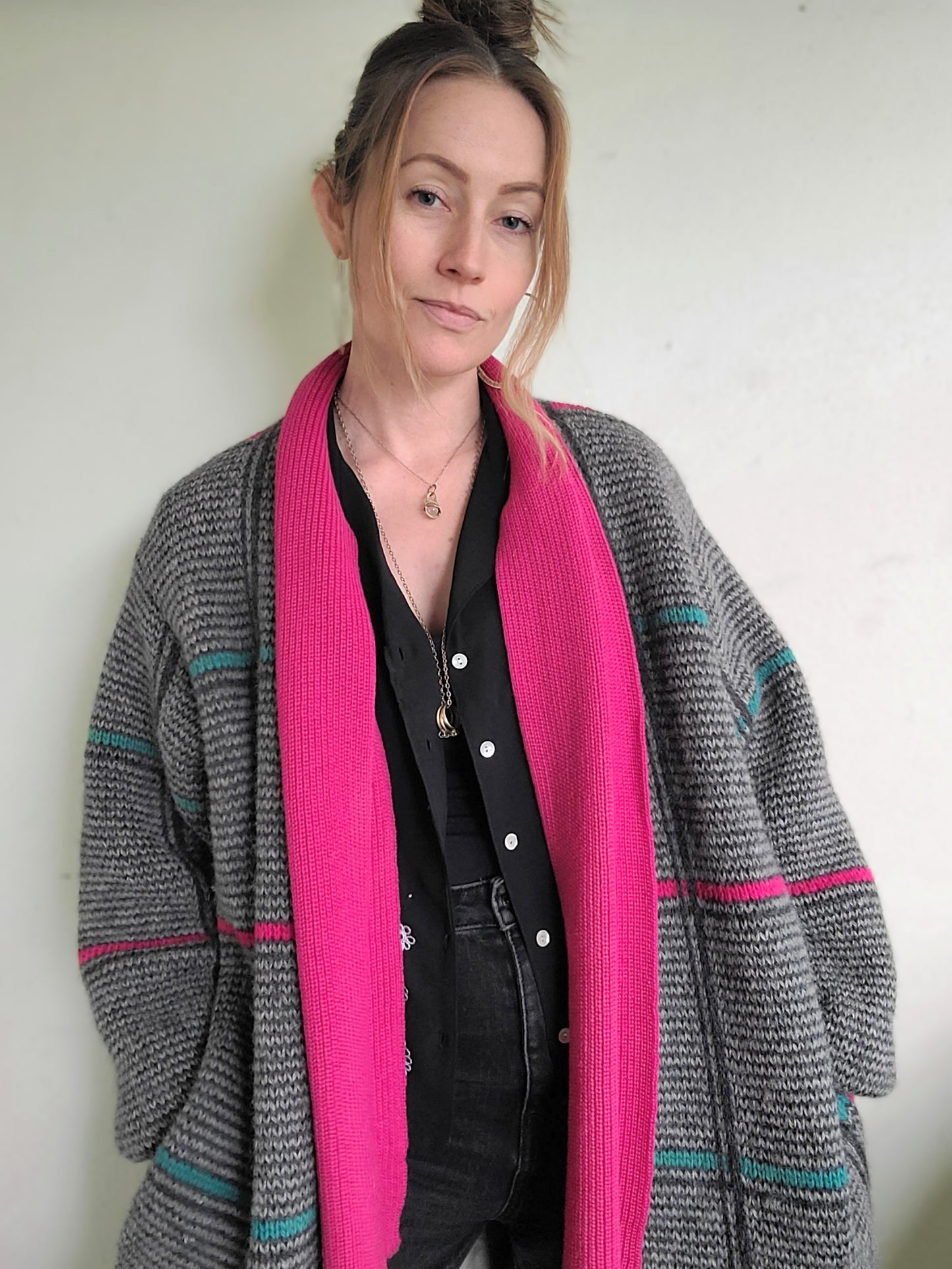 The Sandra 90s Vintage Grid Wool Zip Up Sweater L