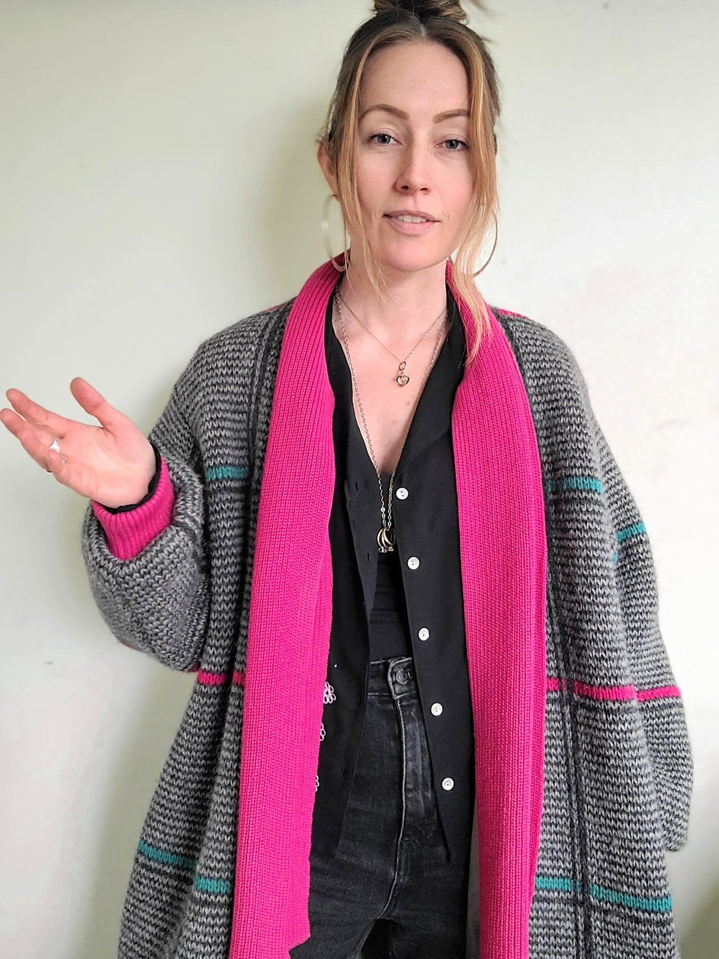The Sandra 90s Vintage Grid Wool Zip Up Sweater L