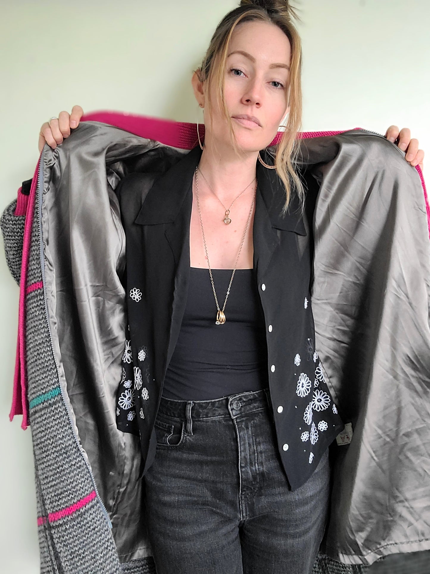 The Sandra 90s Vintage Grid Wool Zip Up Sweater L