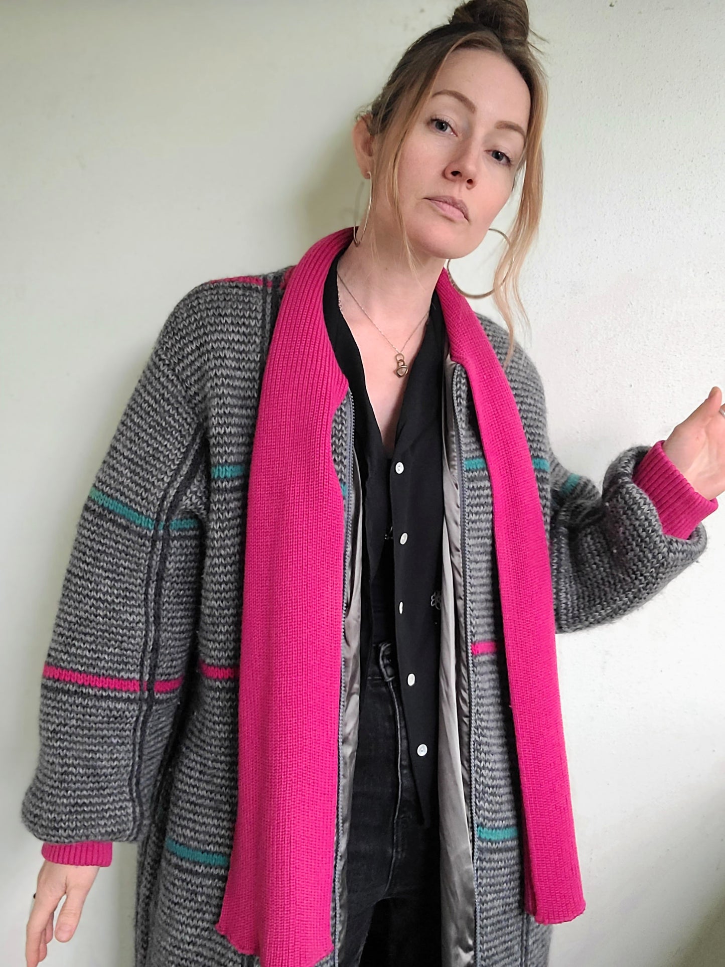 The Sandra 90s Vintage Grid Wool Zip Up Sweater L