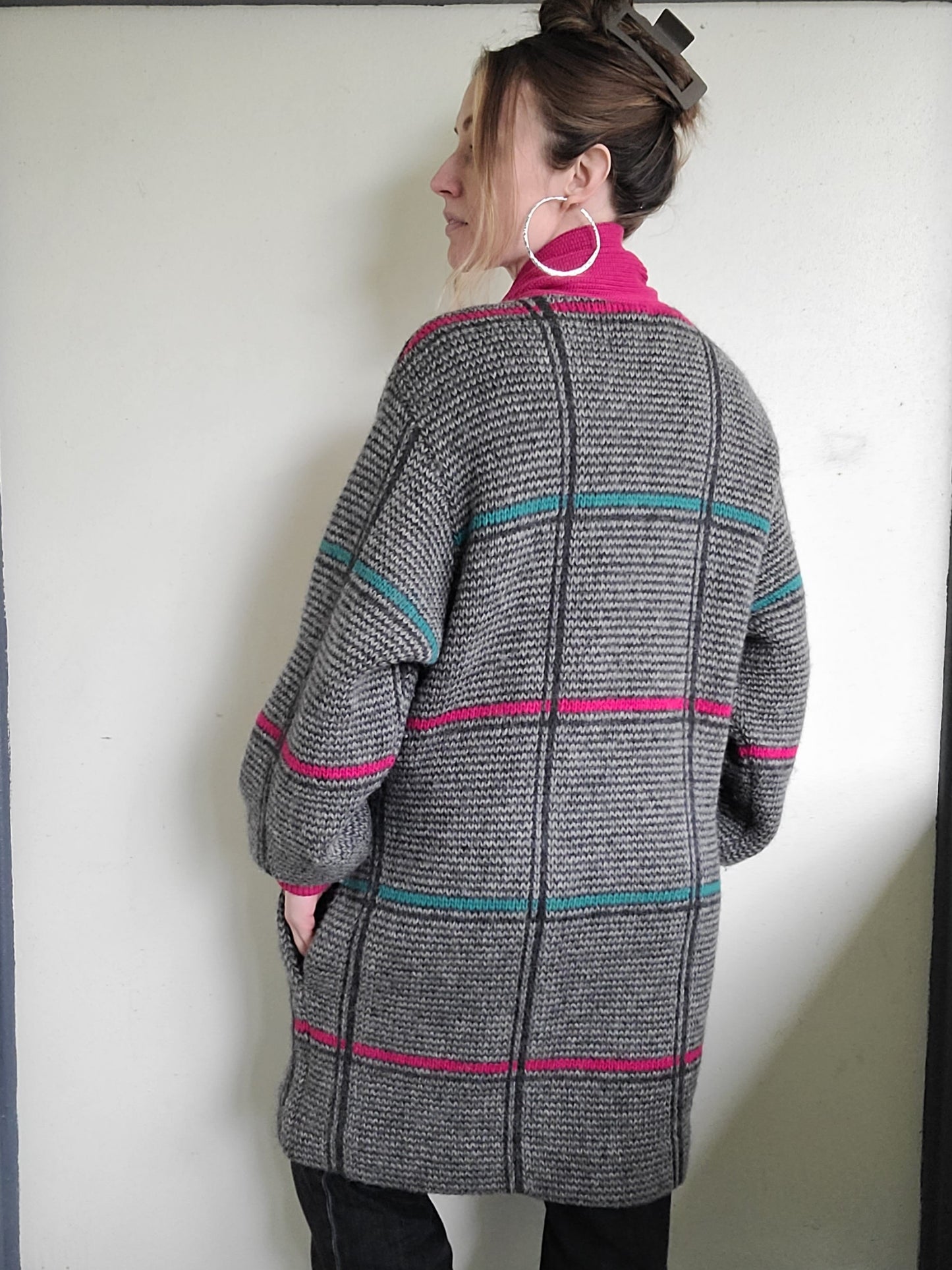 The Sandra 90s Vintage Grid Wool Zip Up Sweater L