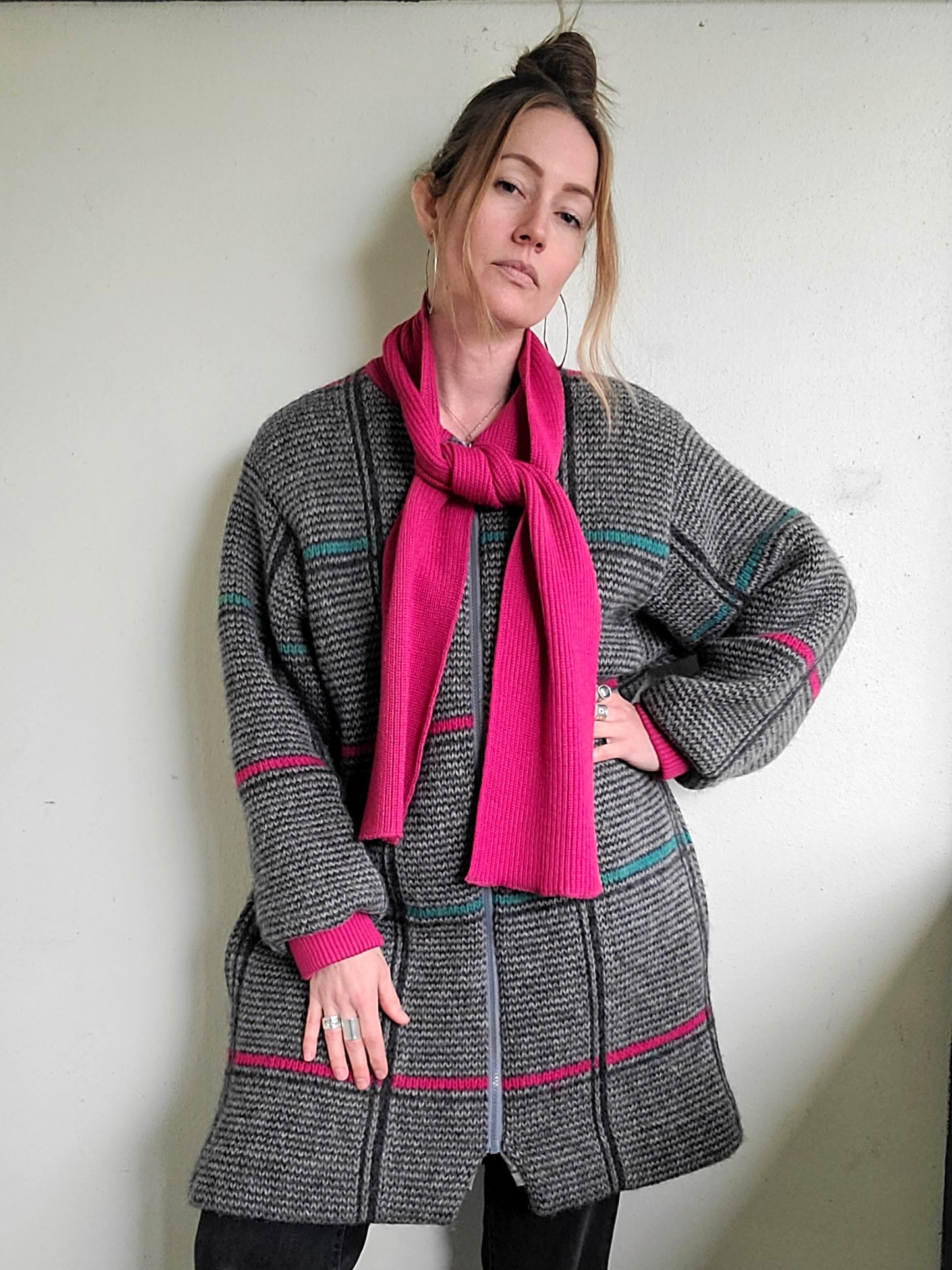 The Sandra 90s Vintage Grid Wool Zip Up Sweater L