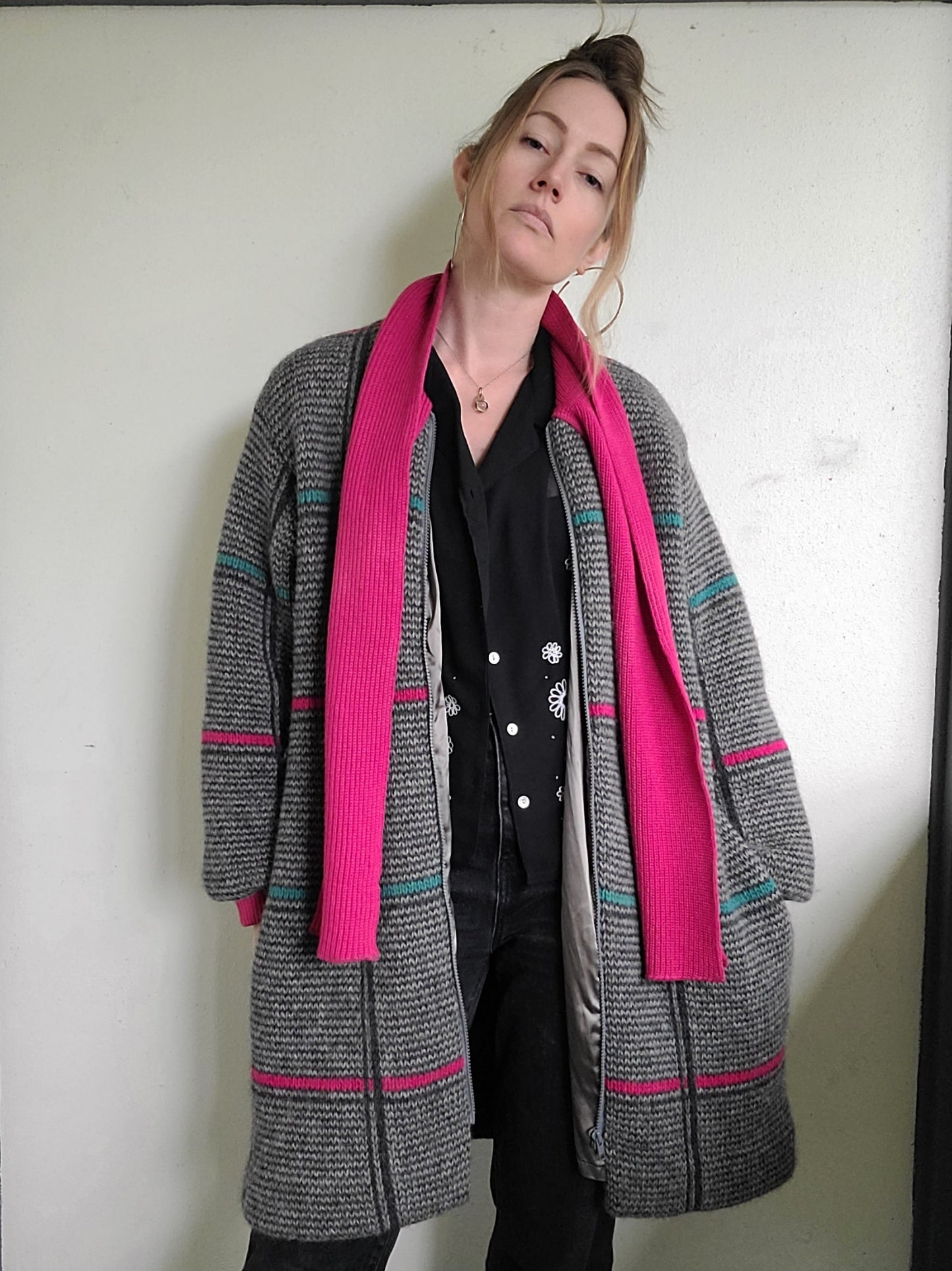 The Sandra 90s Vintage Grid Wool Zip Up Sweater L