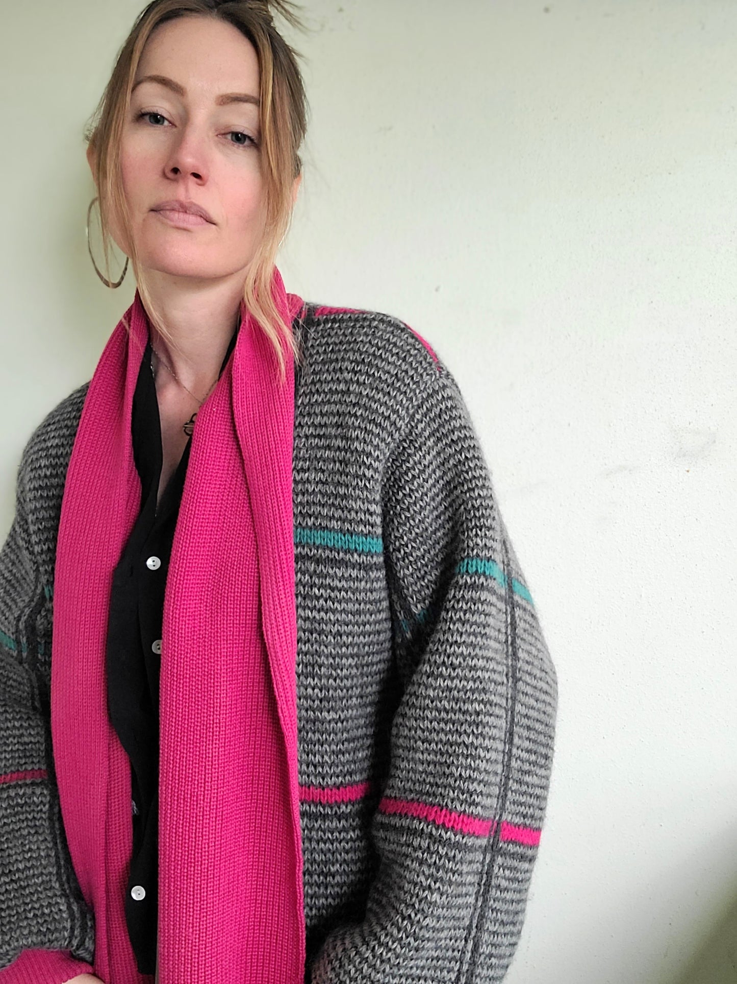 The Sandra 90s Vintage Grid Wool Zip Up Sweater L