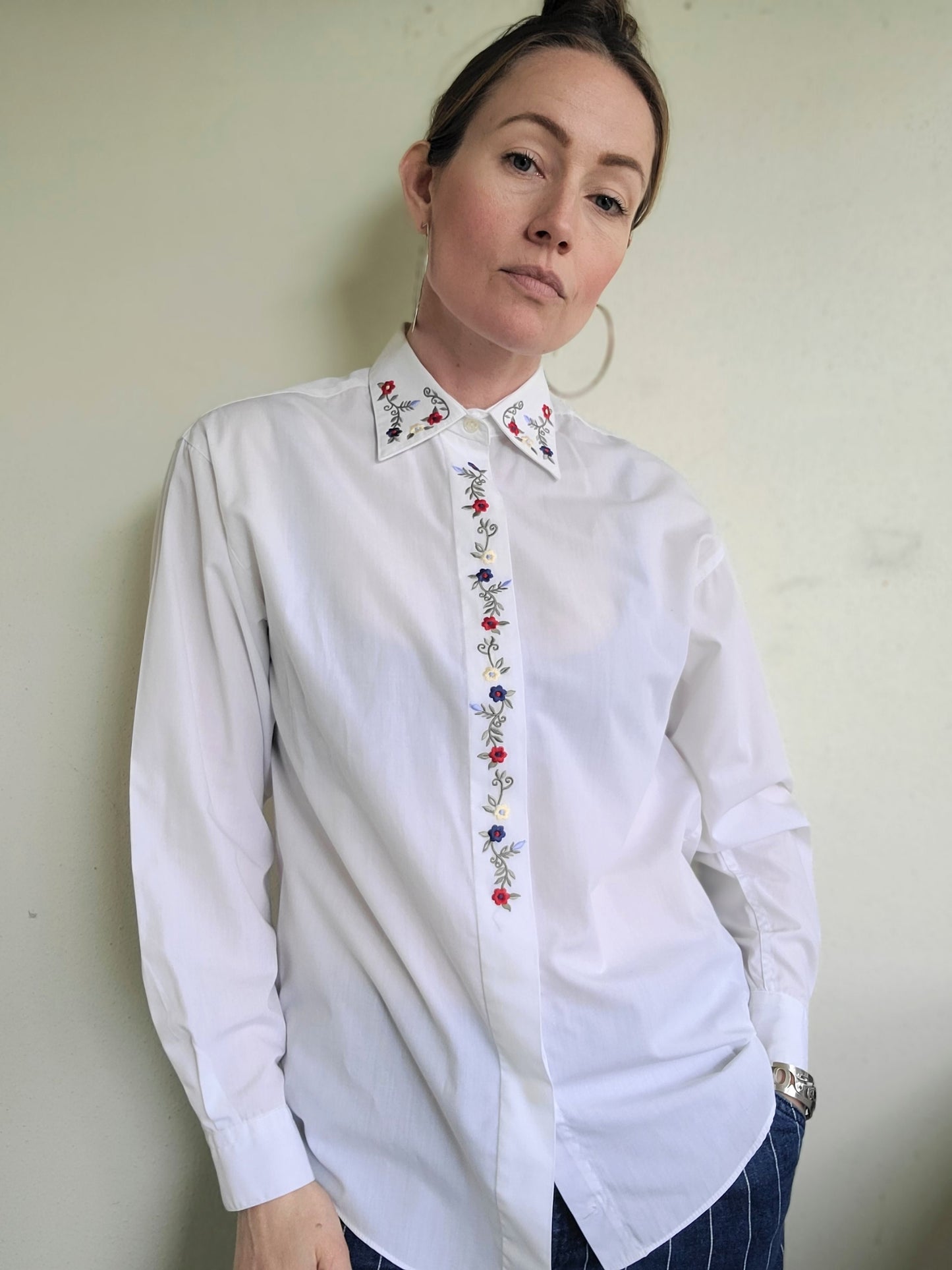The Elisa Vintage White Embroidered Button Down L