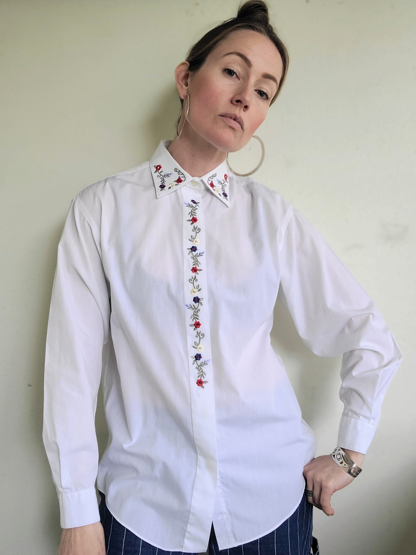 The Elisa Vintage White Embroidered Button Down L