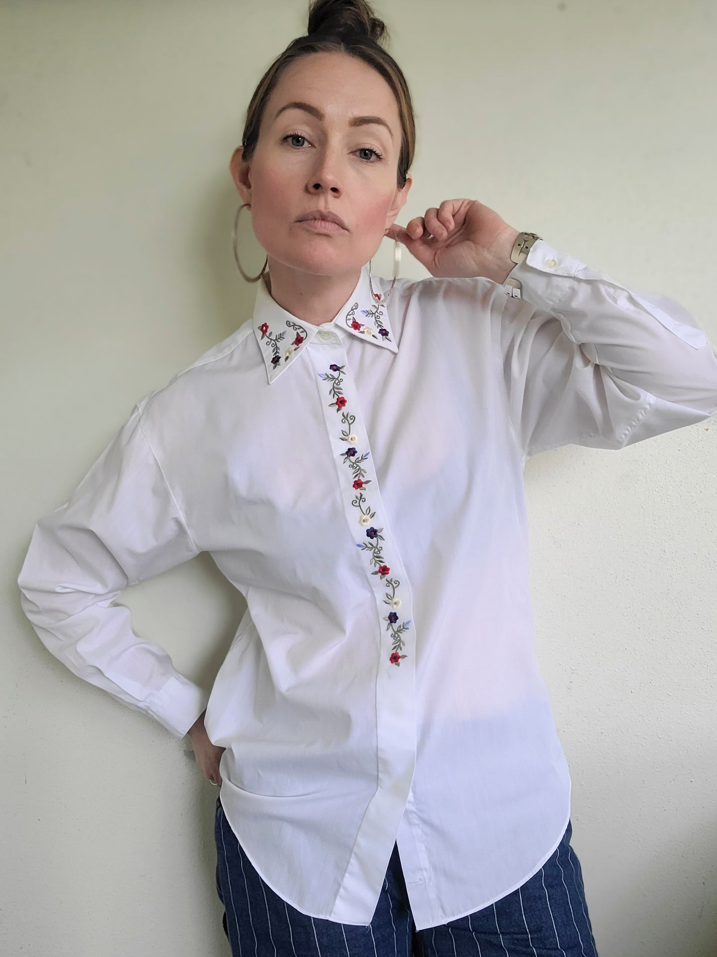 The Elisa Vintage White Embroidered Button Down L