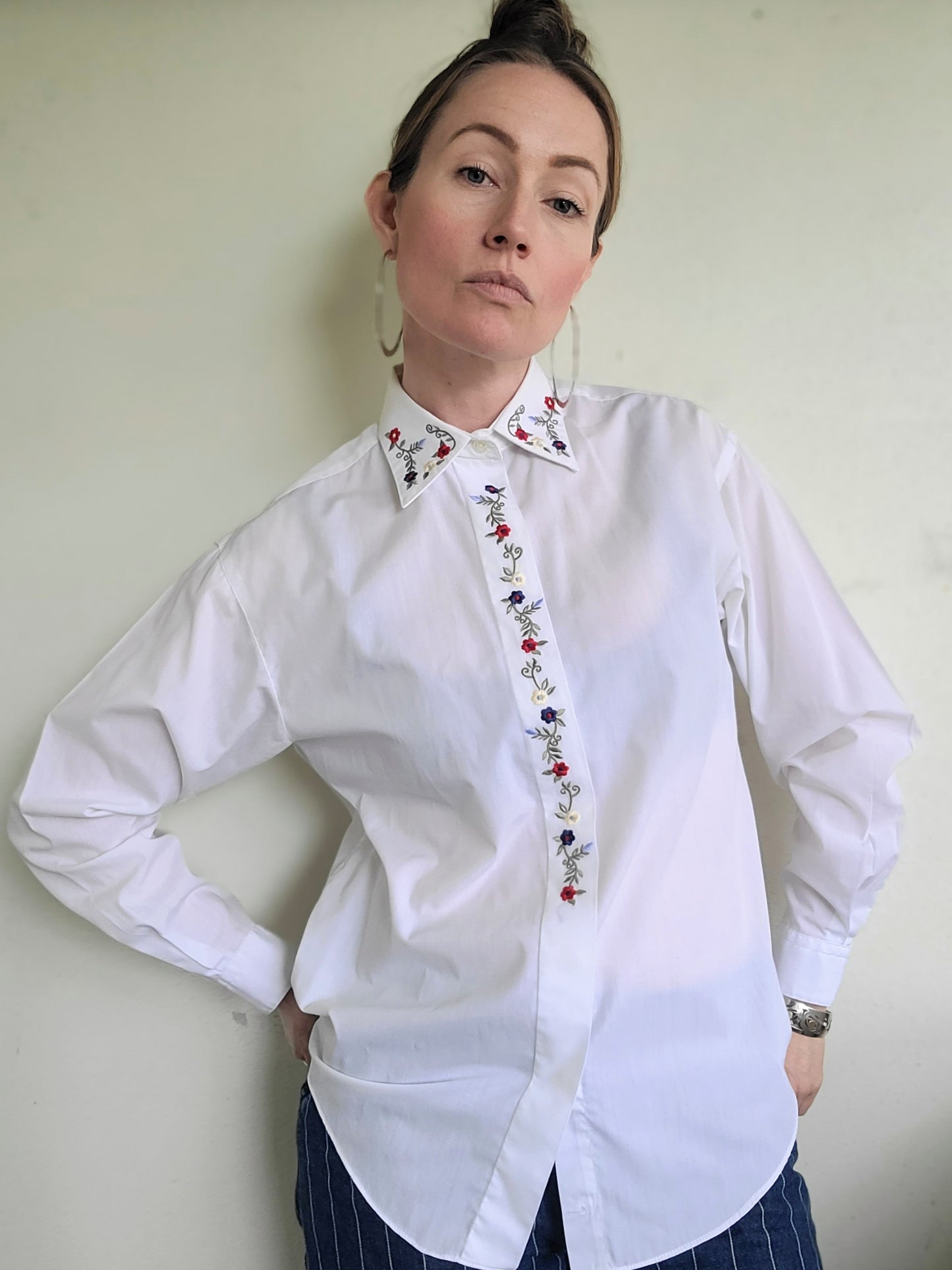 The Elisa Vintage White Embroidered Button Down L