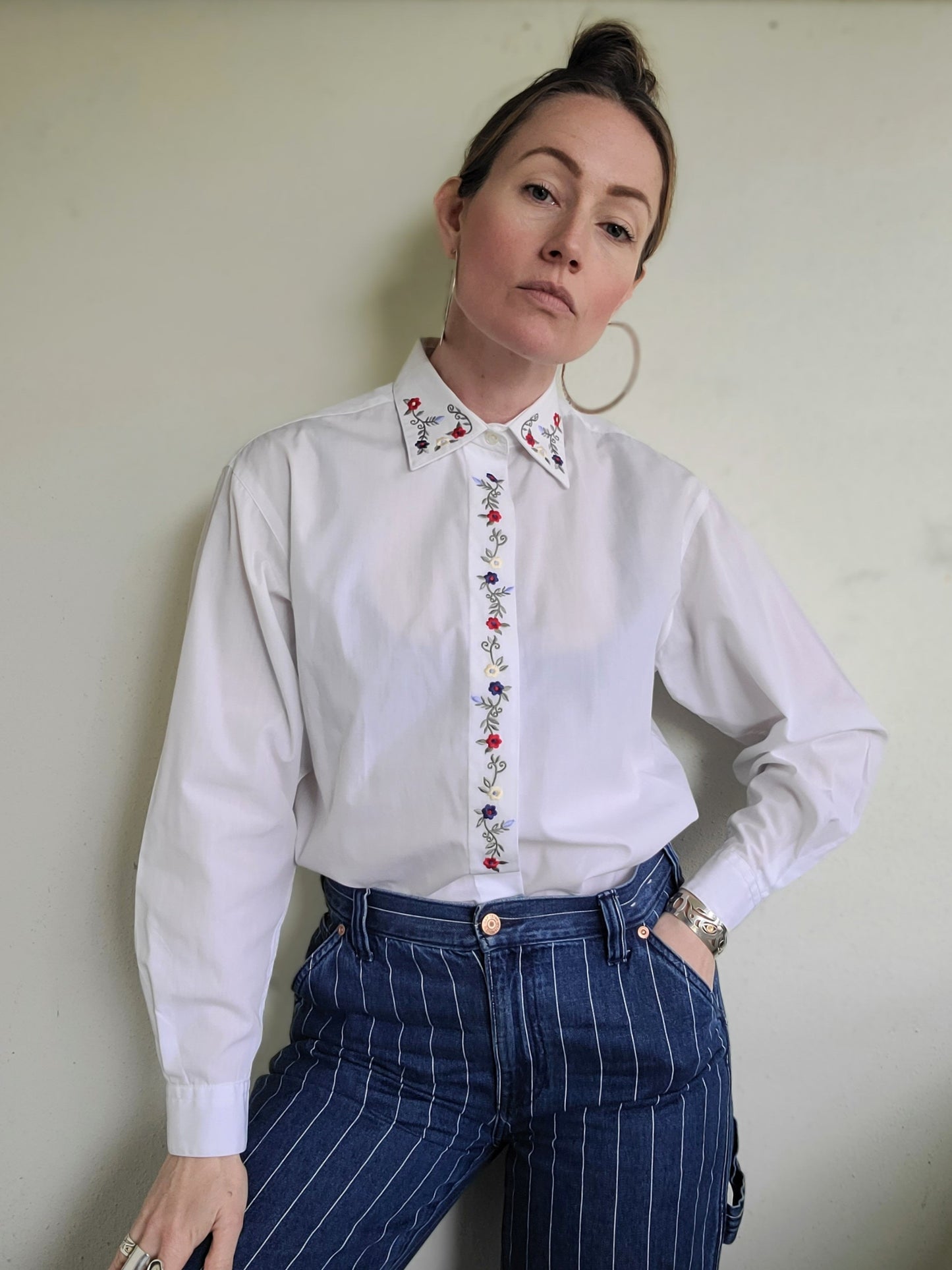 The Elisa Vintage White Embroidered Button Down L