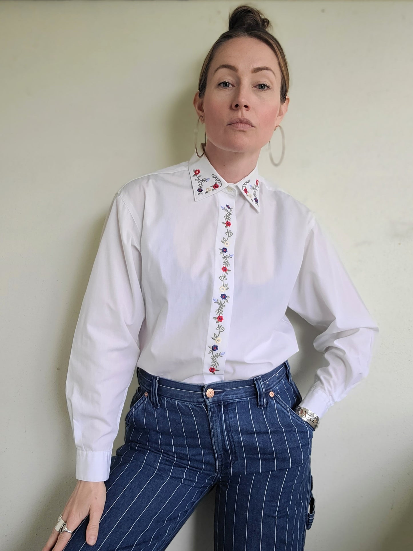 The Elisa Vintage White Embroidered Button Down L
