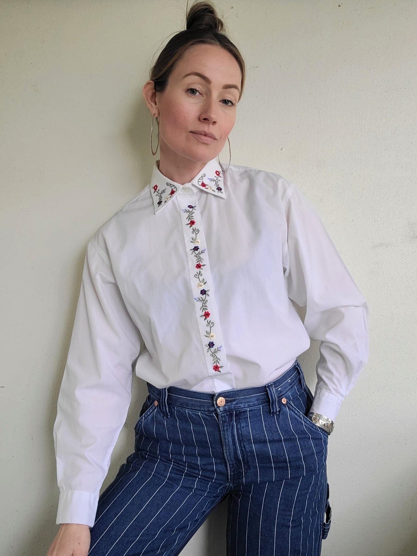 The Elisa Vintage White Embroidered Button Down L