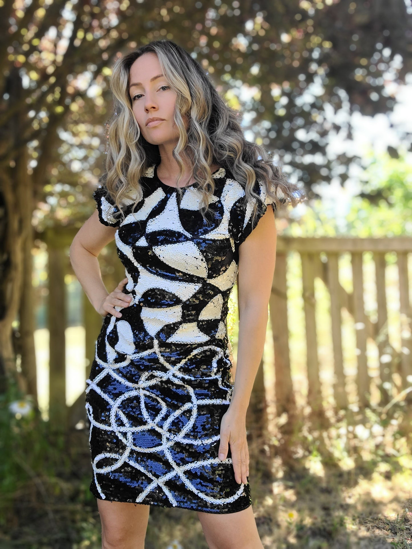 The Tadashi Shoji Black and White Sequin Party Dress M