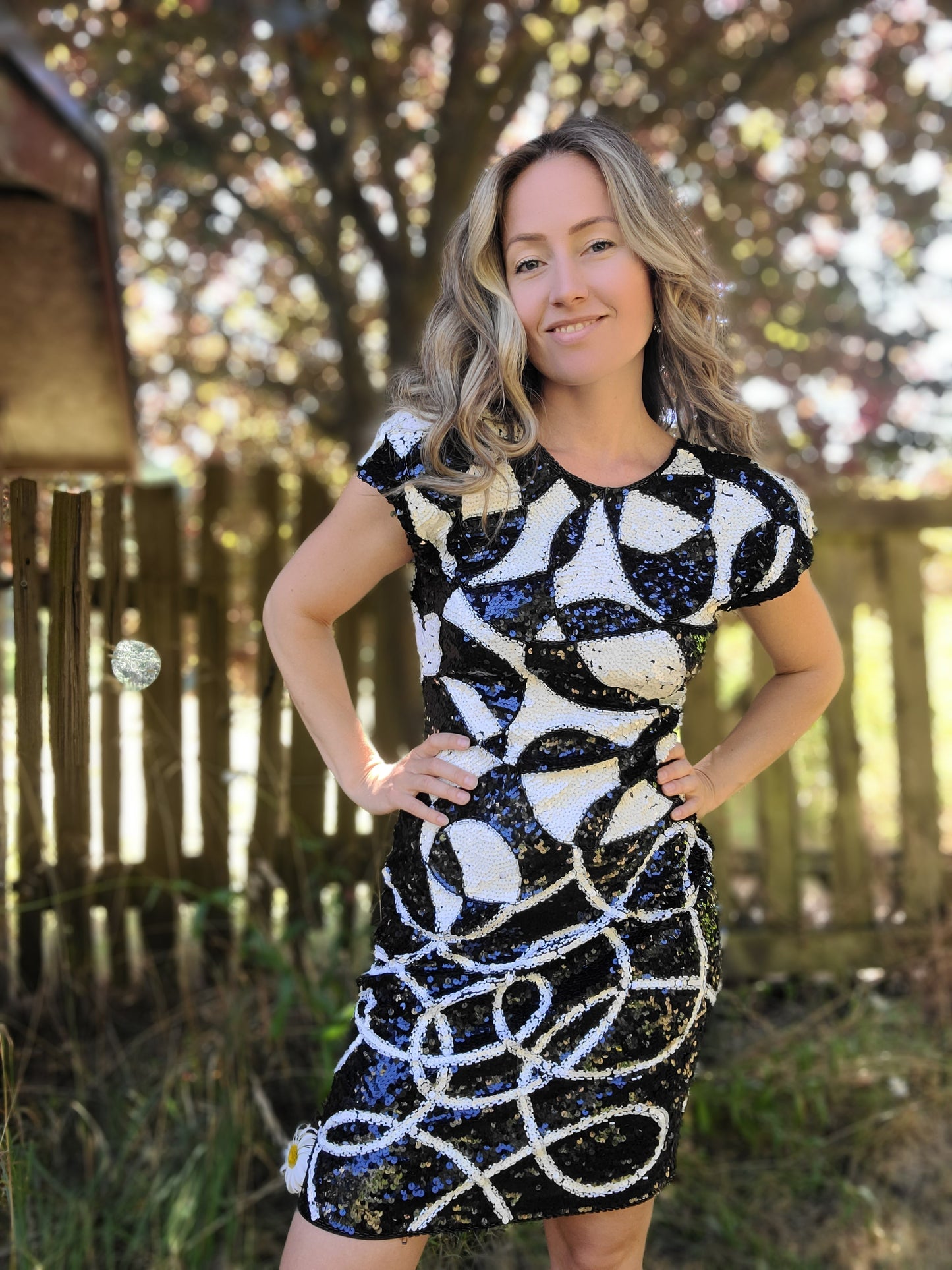 The Tadashi Shoji Black and White Sequin Party Dress