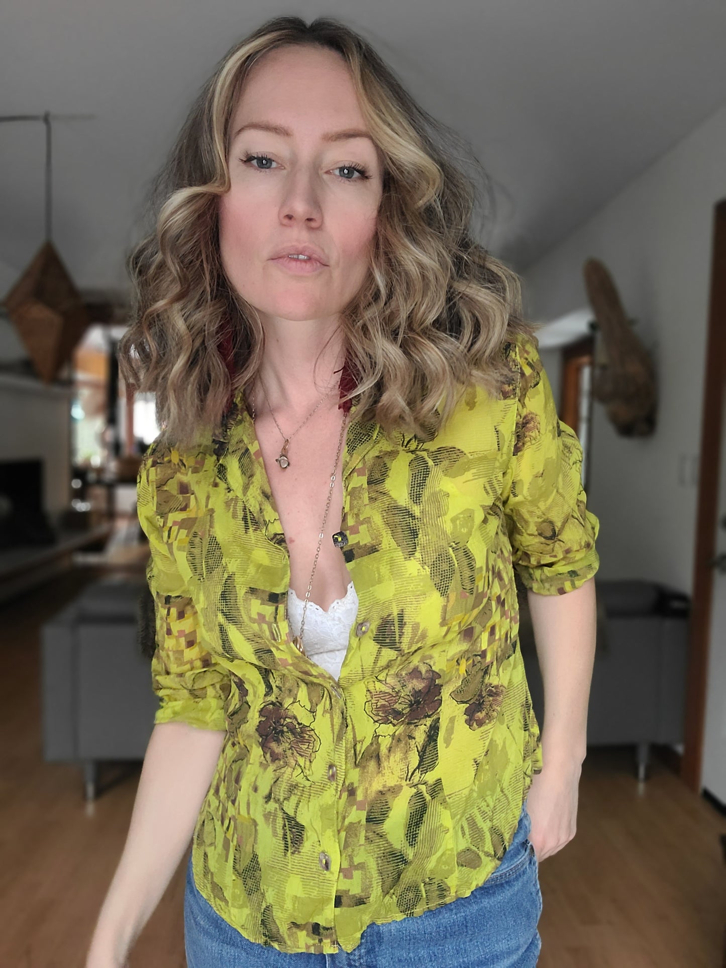 The Vintage 90s Lime Green Button Down Blouse S-L