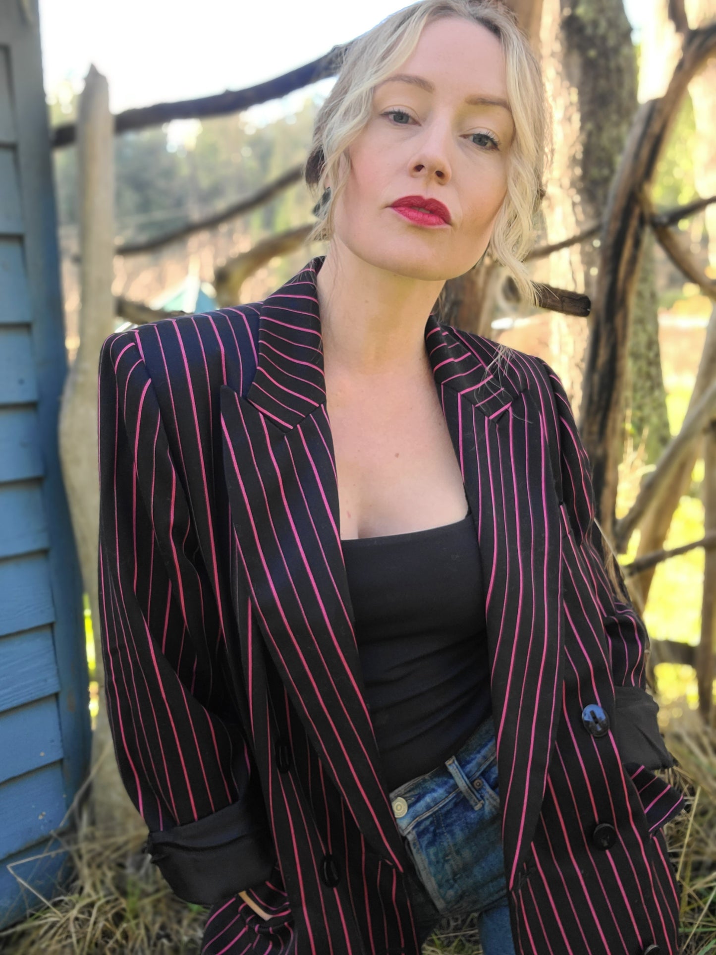 The Lipstick Mobster Double Breasted Pinstripe Wool Blazer L
