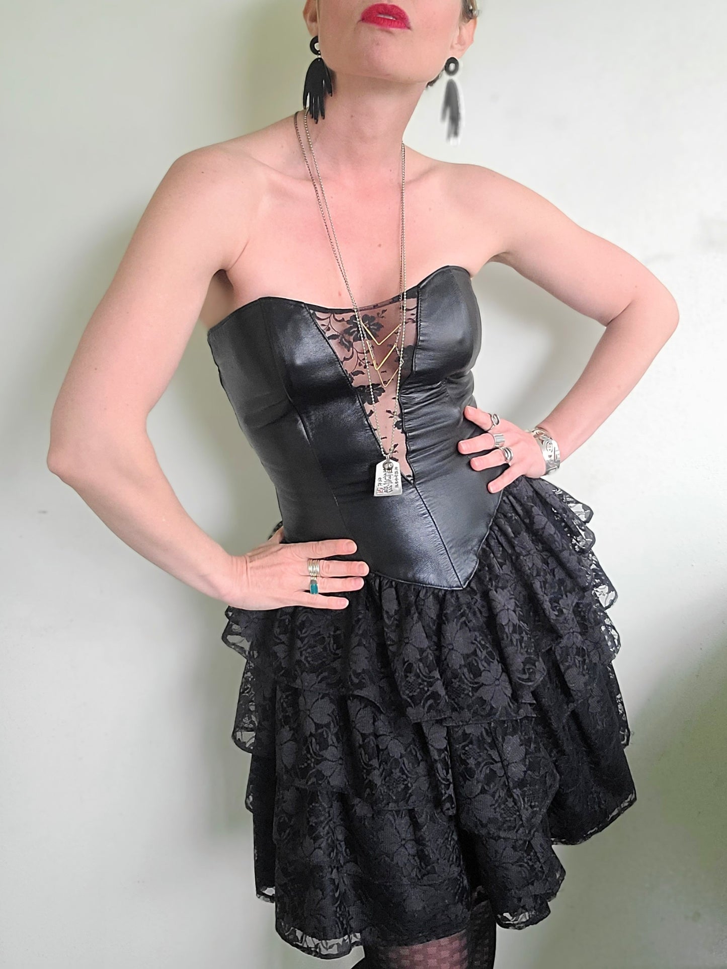 The Black Swan Iconic 1980s Leather + Lace Dress XS