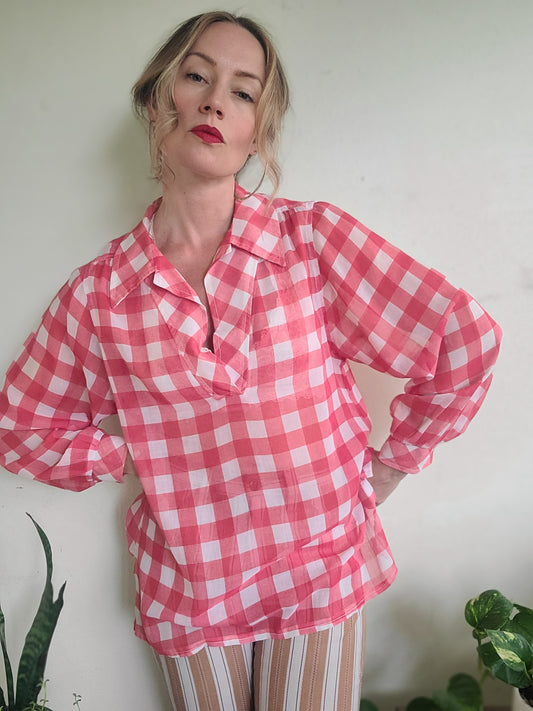 The Farmhand Handmade 70s Sheer Checkered Blouse L-XL