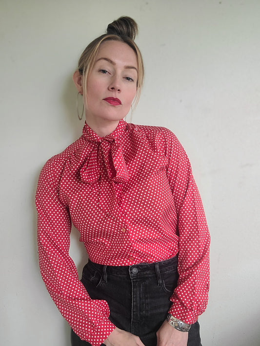 The Cowgirl Saturday Polka Dot Ascot Tie Blouse M