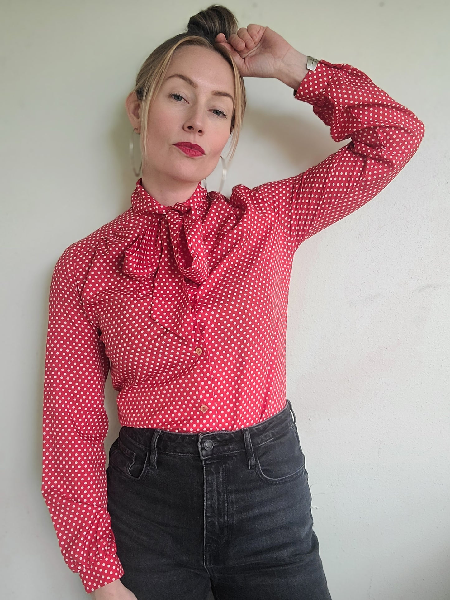 The Cowgirl Saturday Polka Dot Ascot Tie Blouse M