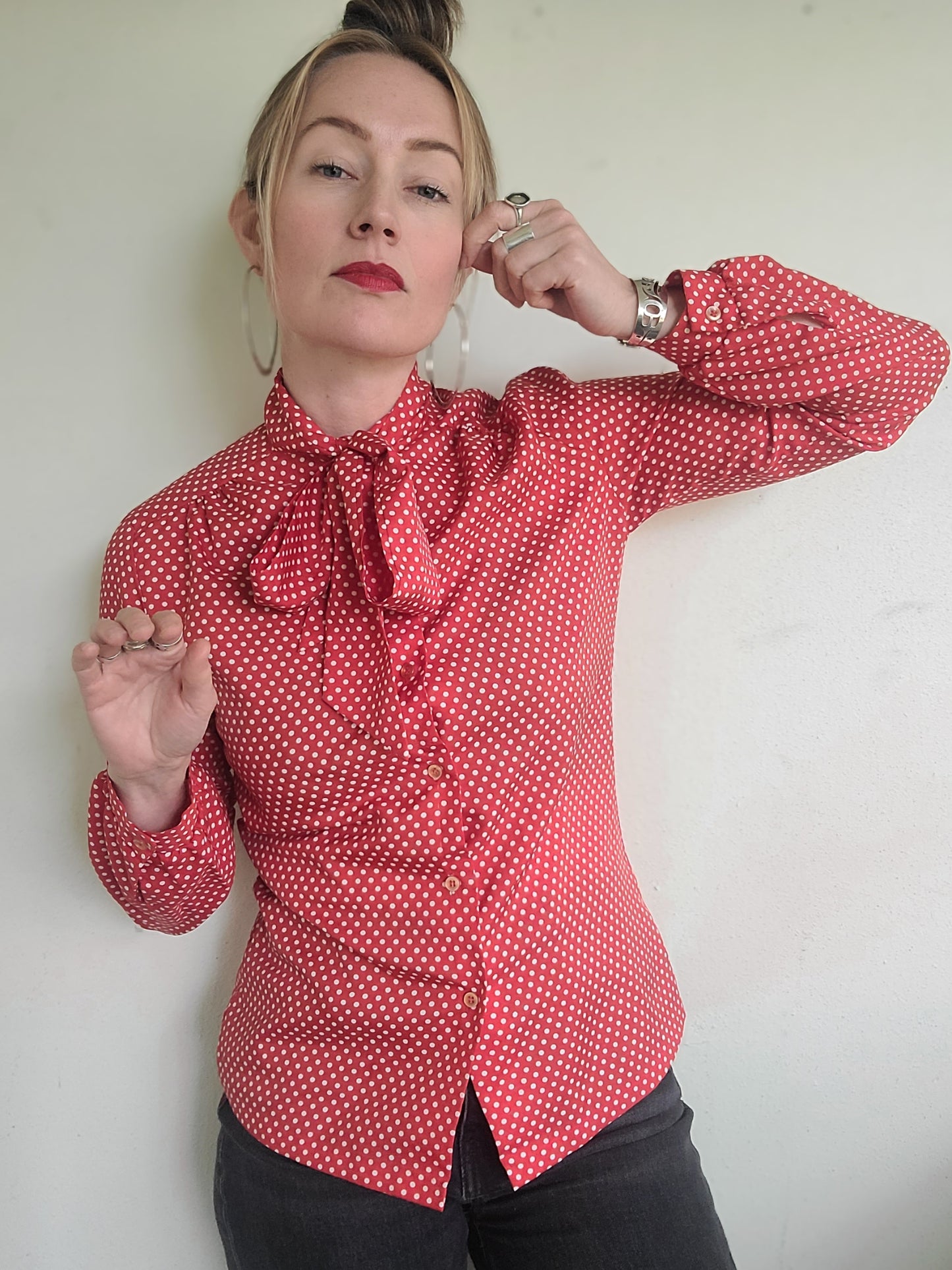 The Cowgirl Saturday Polka Dot Ascot Tie Blouse M