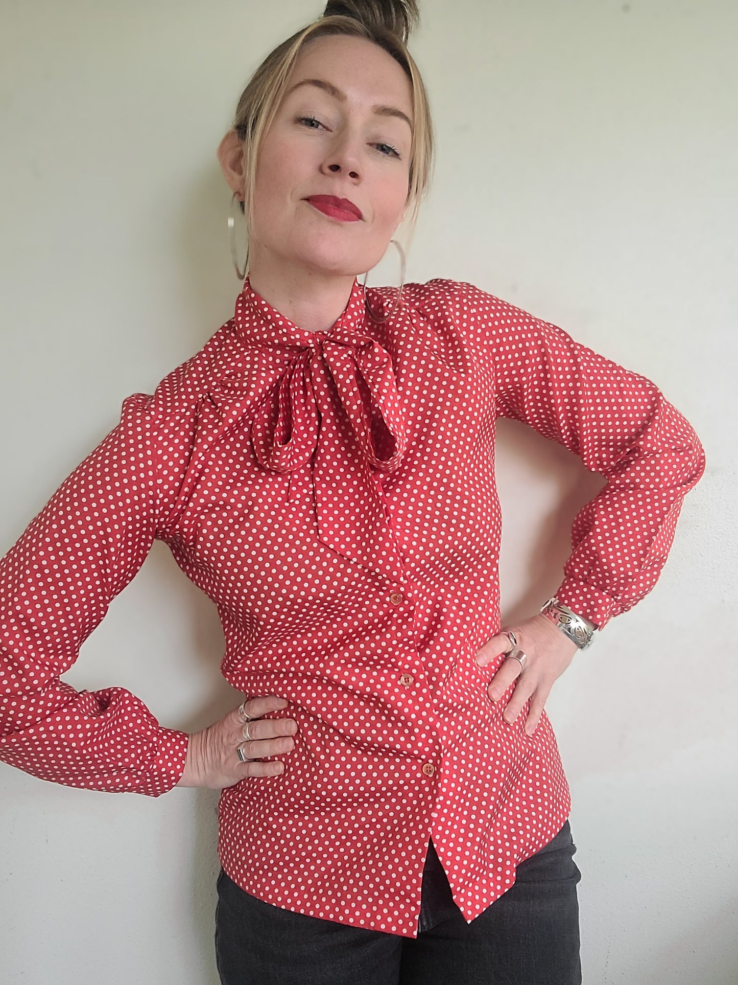 The Cowgirl Saturday Polka Dot Ascot Tie Blouse M