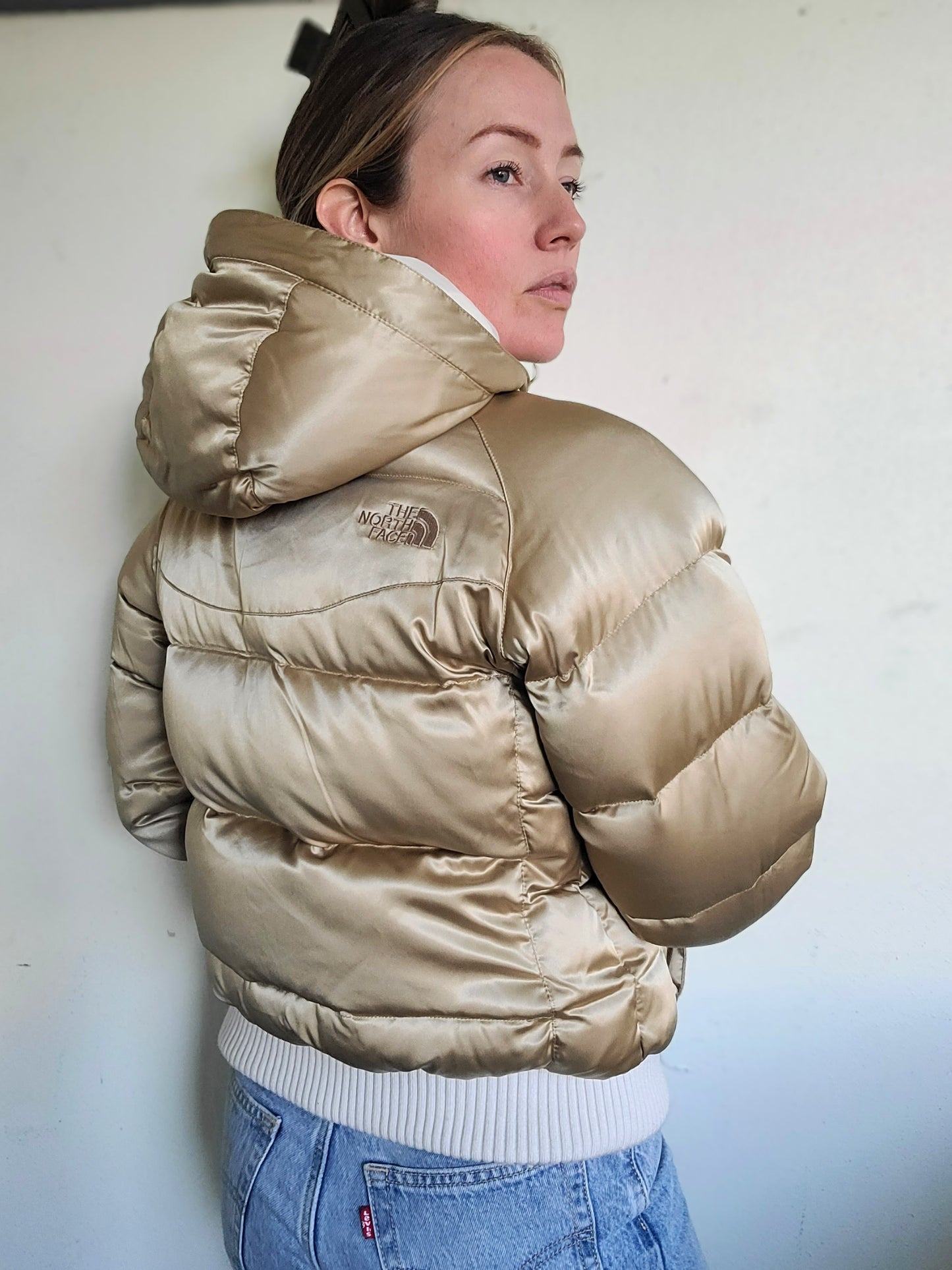 The Little Gold Riding Hooded North Face Down Puffer M