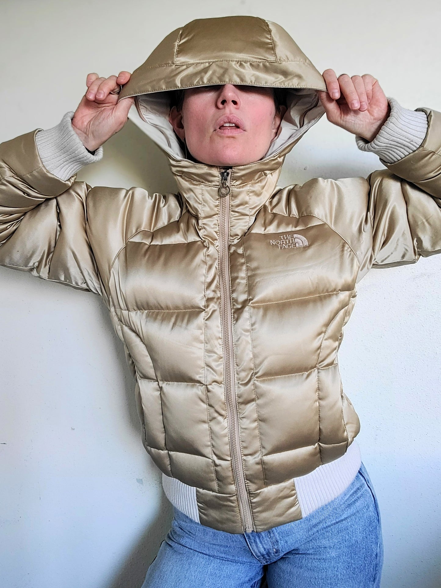 The Little Gold Riding Hooded North Face Down Puffer M