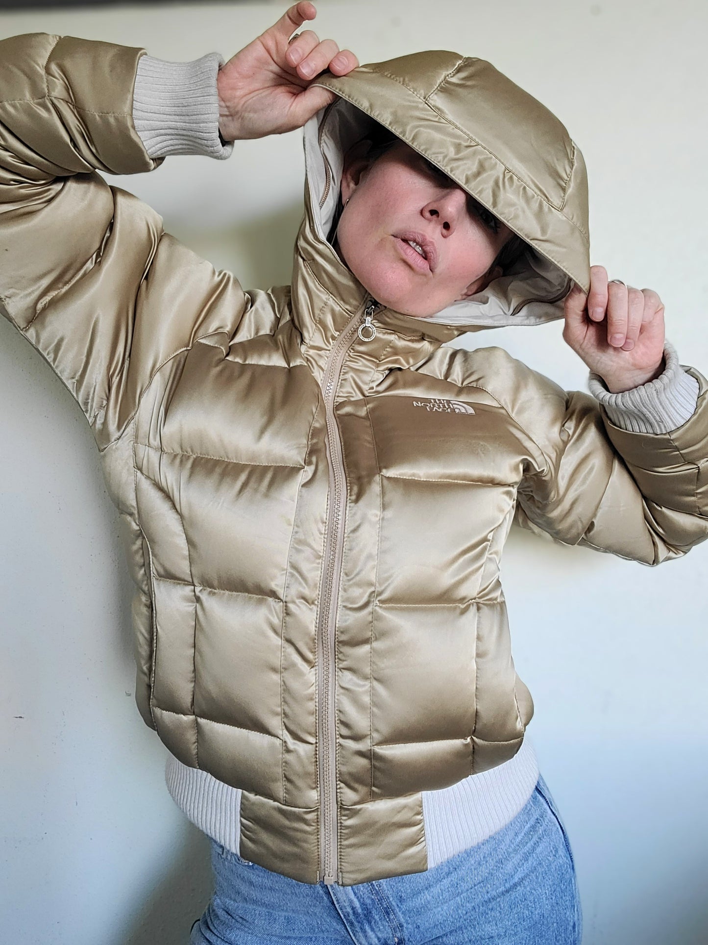 The Little Gold Riding Hooded North Face Down Puffer M