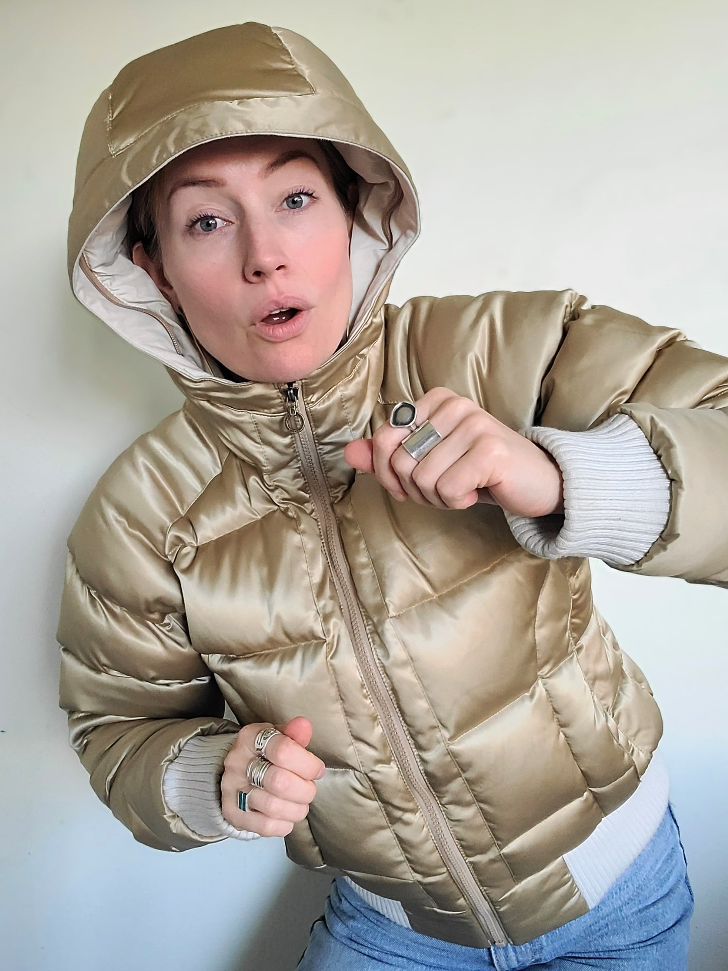 The Little Gold Riding Hooded North Face Down Puffer M