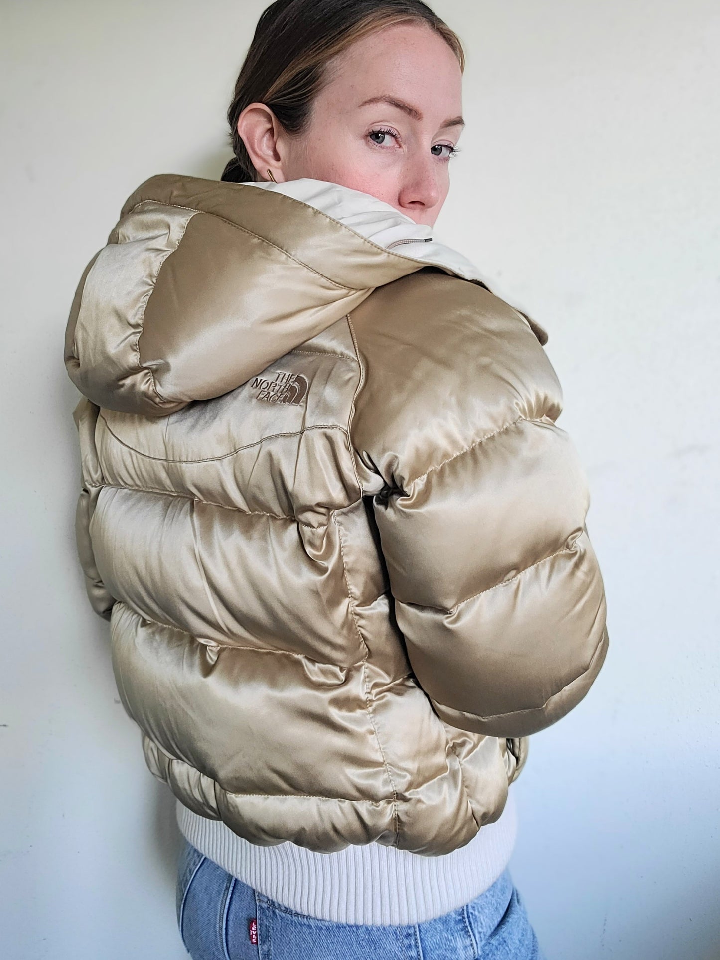 The Little Gold Riding Hooded North Face Down Puffer M