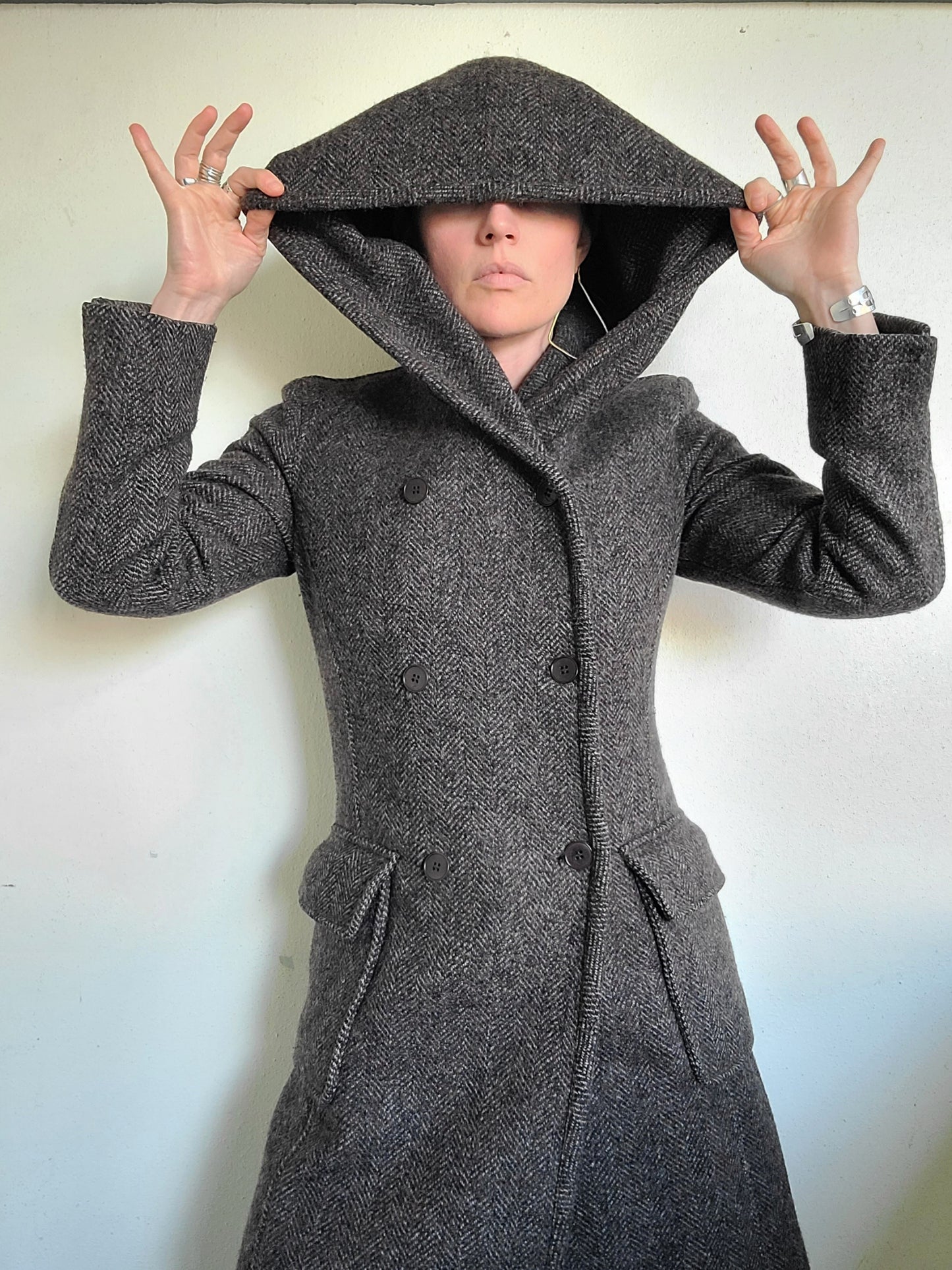 The Elvish Hooded Wool Double Breasted Trench Coat by m0851 S