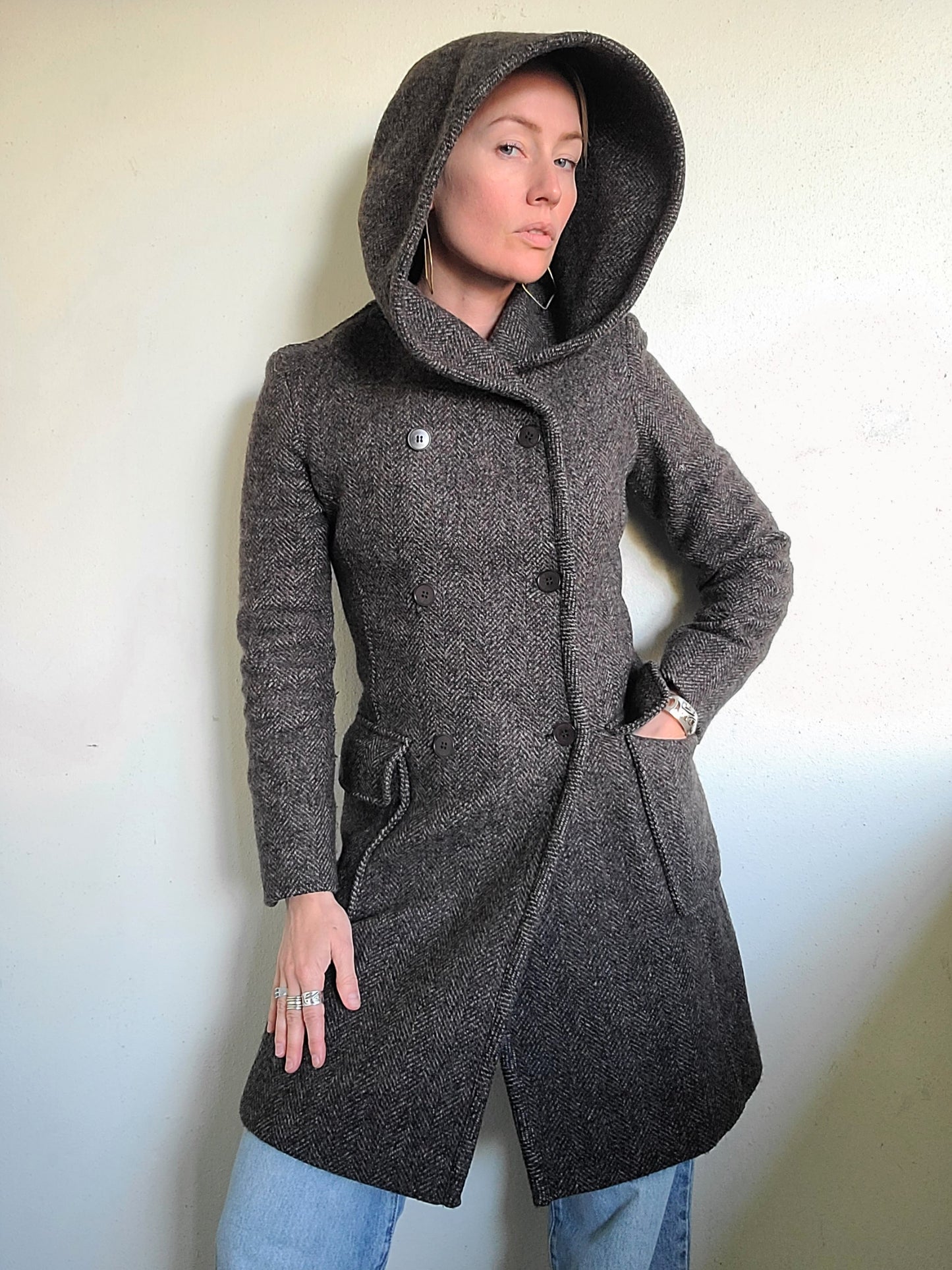 The Elvish Hooded Wool Double Breasted Trench Coat by m0851 S