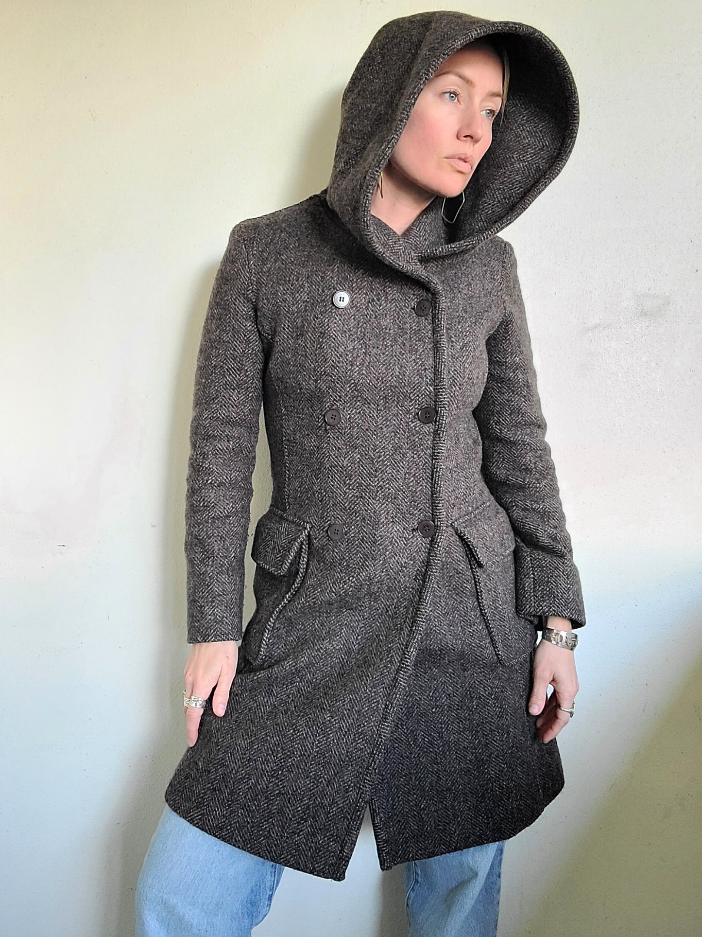 The Elvish Hooded Wool Double Breasted Trench Coat by m0851 S