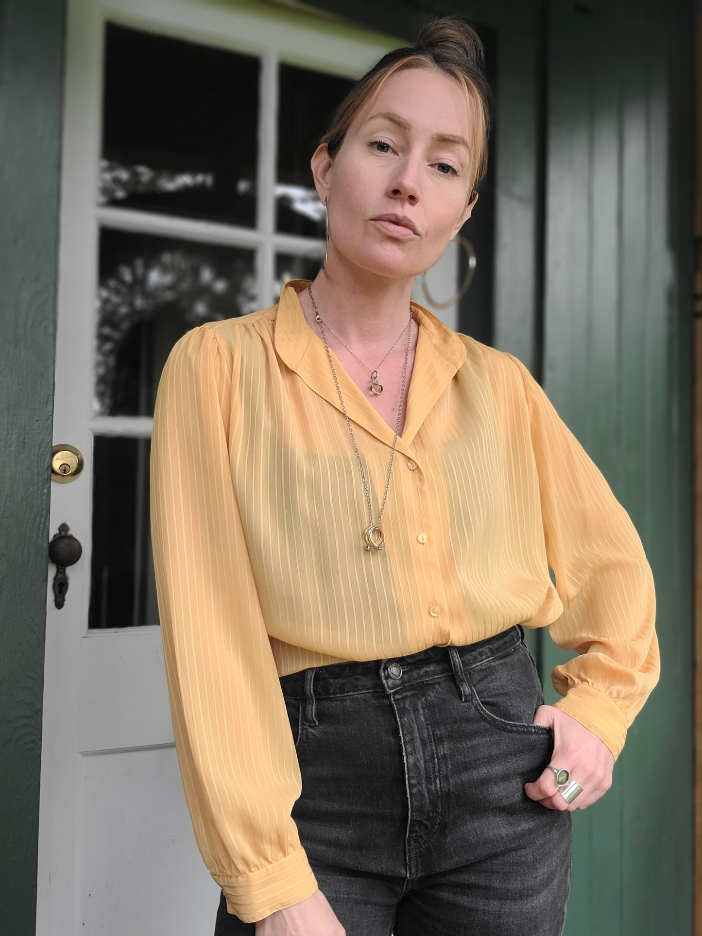 The Aziza Vintage Sheer Mustard Blouse L-XL