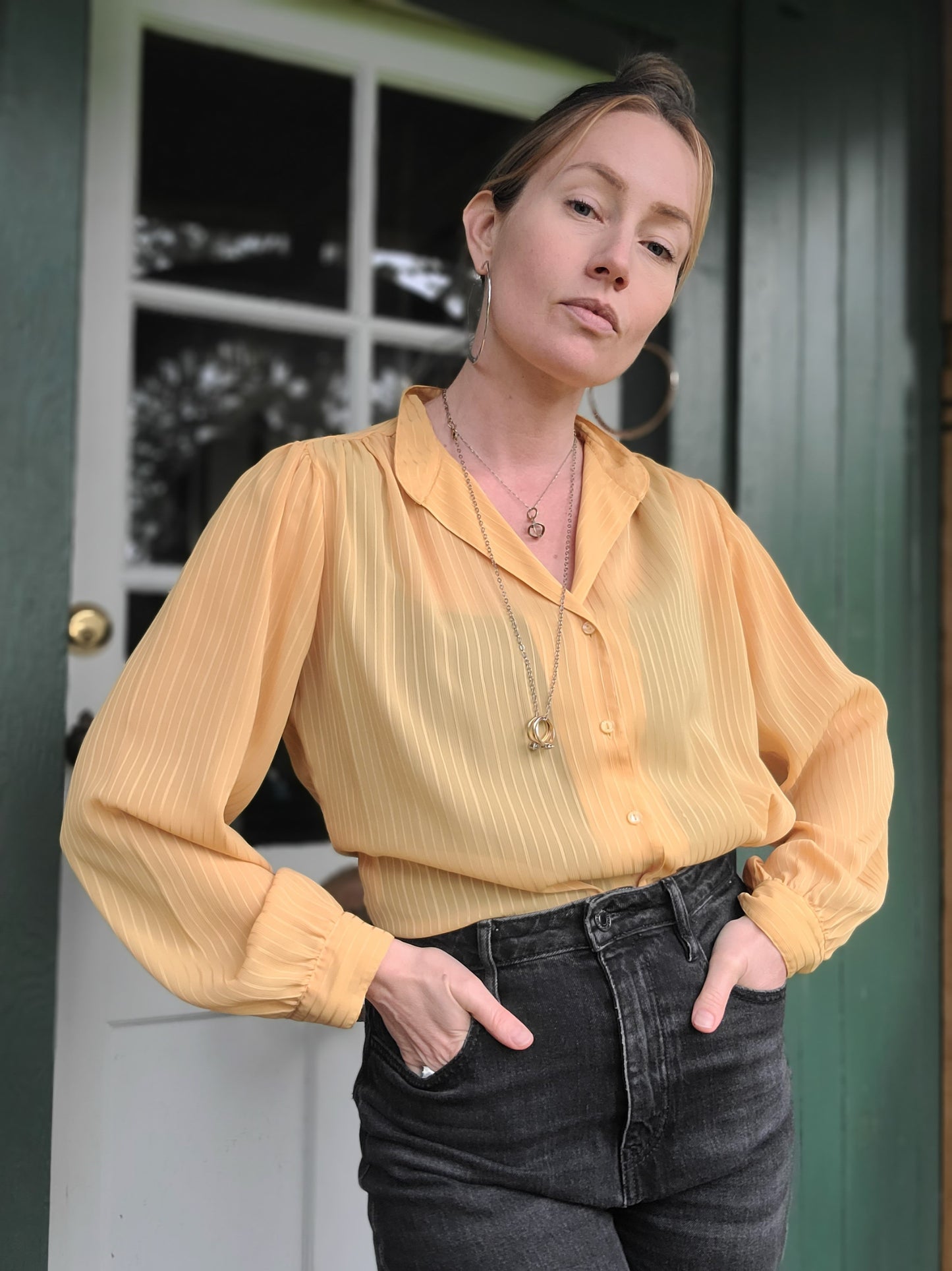 The Aziza Vintage Sheer Mustard Blouse L-XL