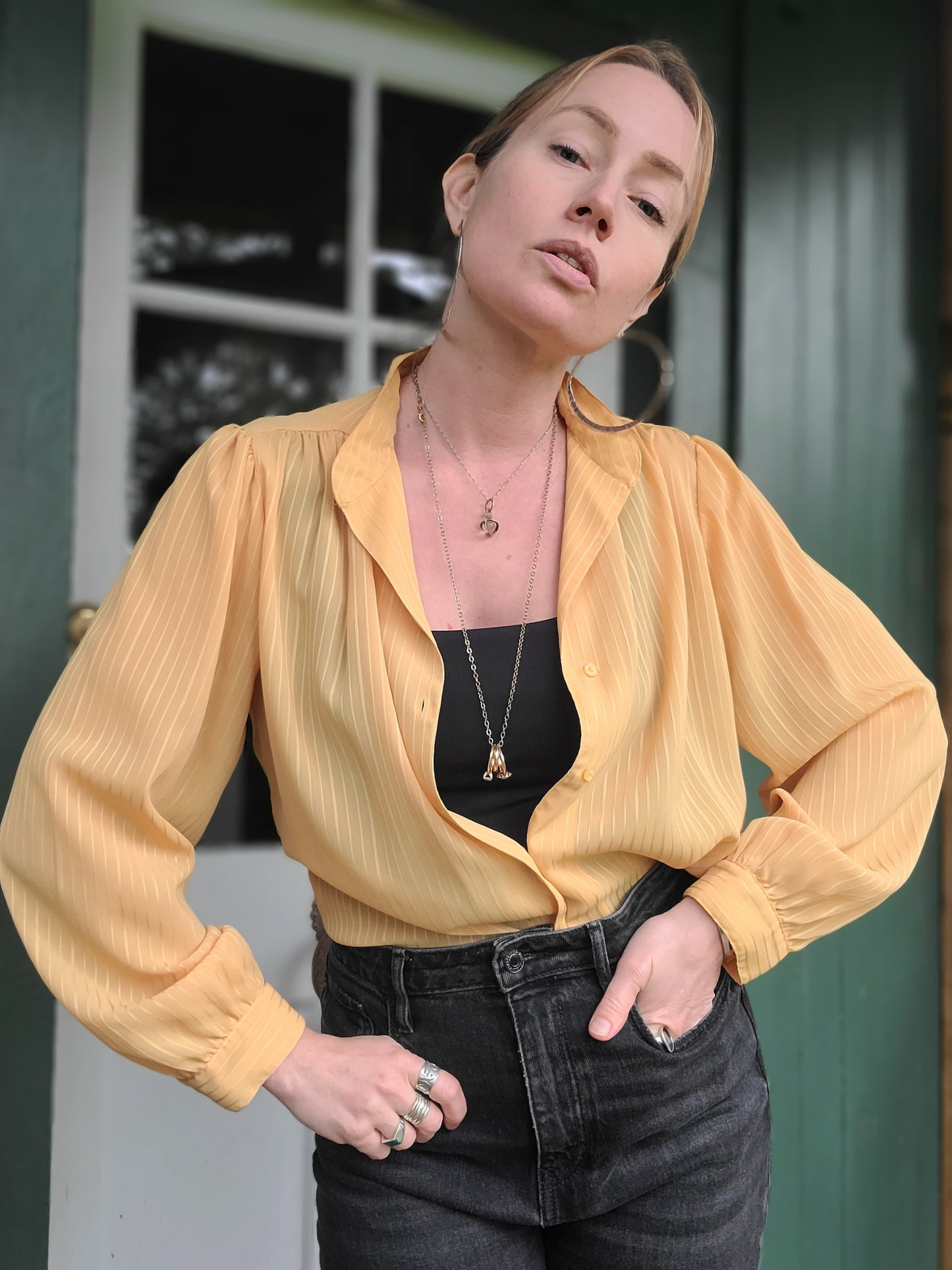 The Aziza Vintage Sheer Mustard Blouse L-XL