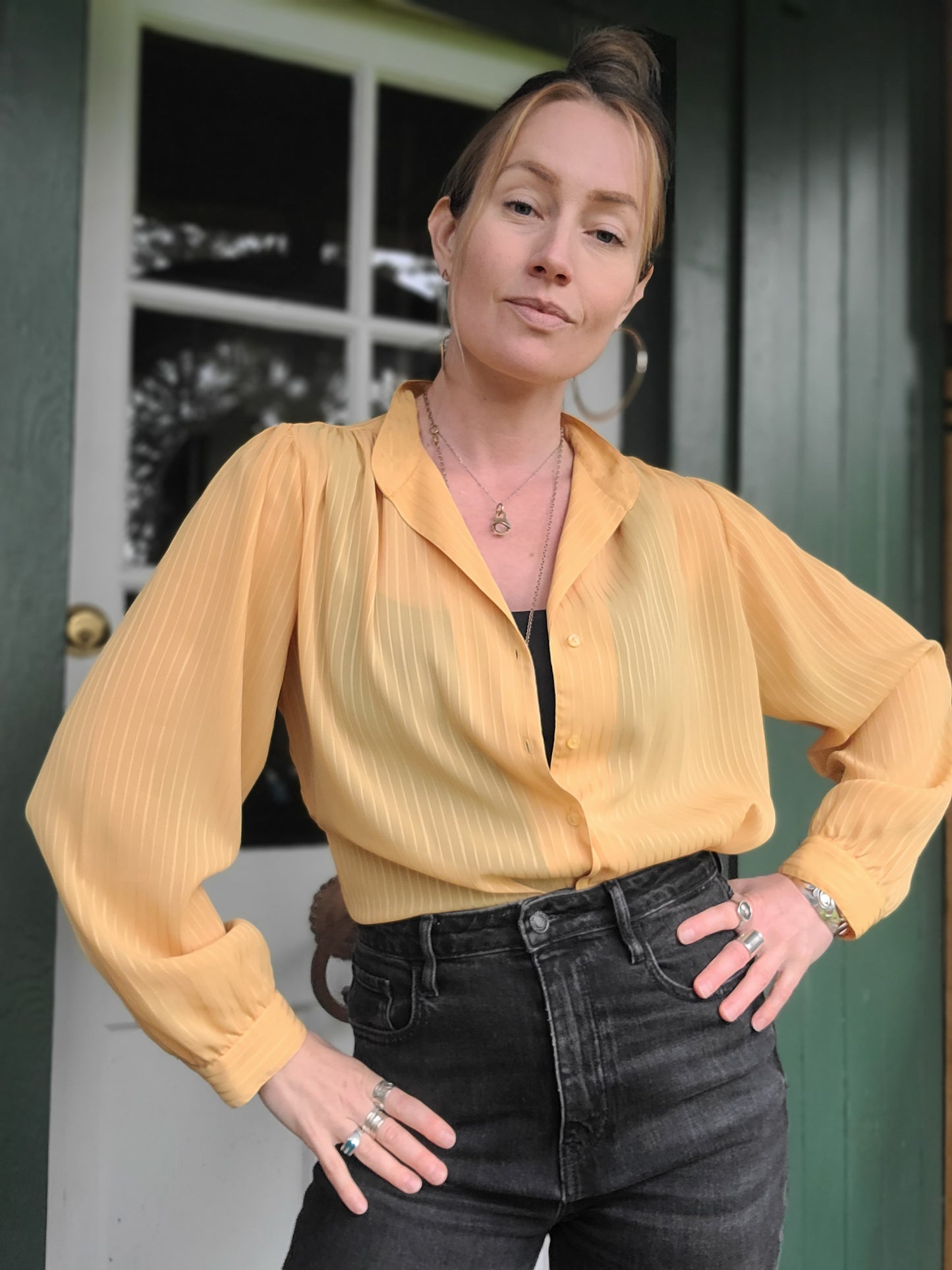 The Aziza Vintage Sheer Mustard Blouse L-XL