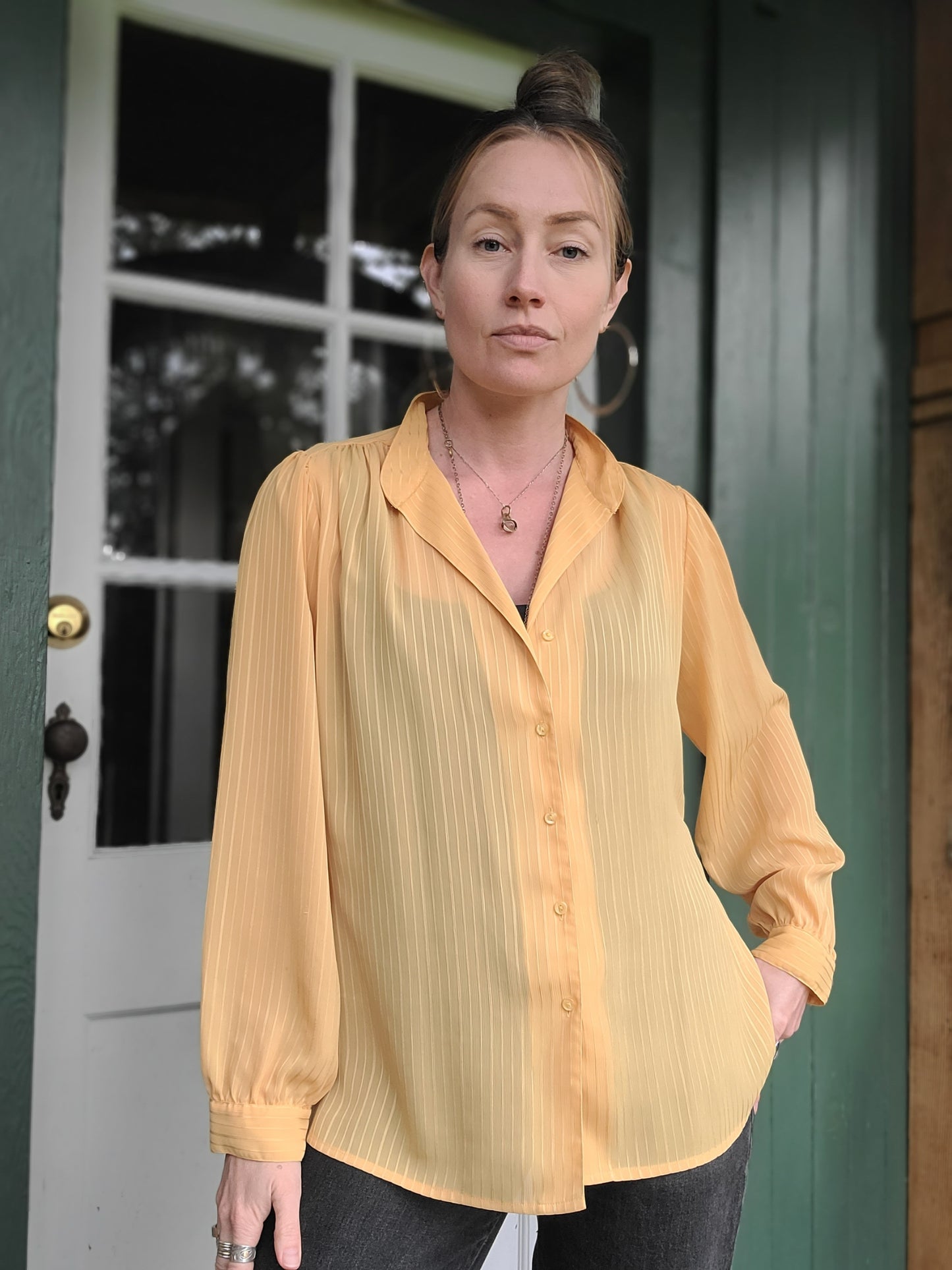 The Aziza Vintage Sheer Mustard Blouse L-XL