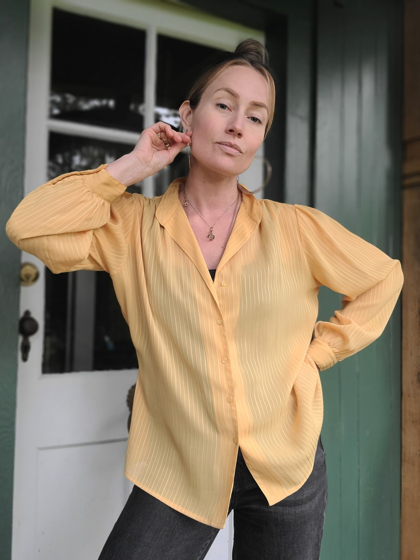 The Aziza Vintage Sheer Mustard Blouse L-XL