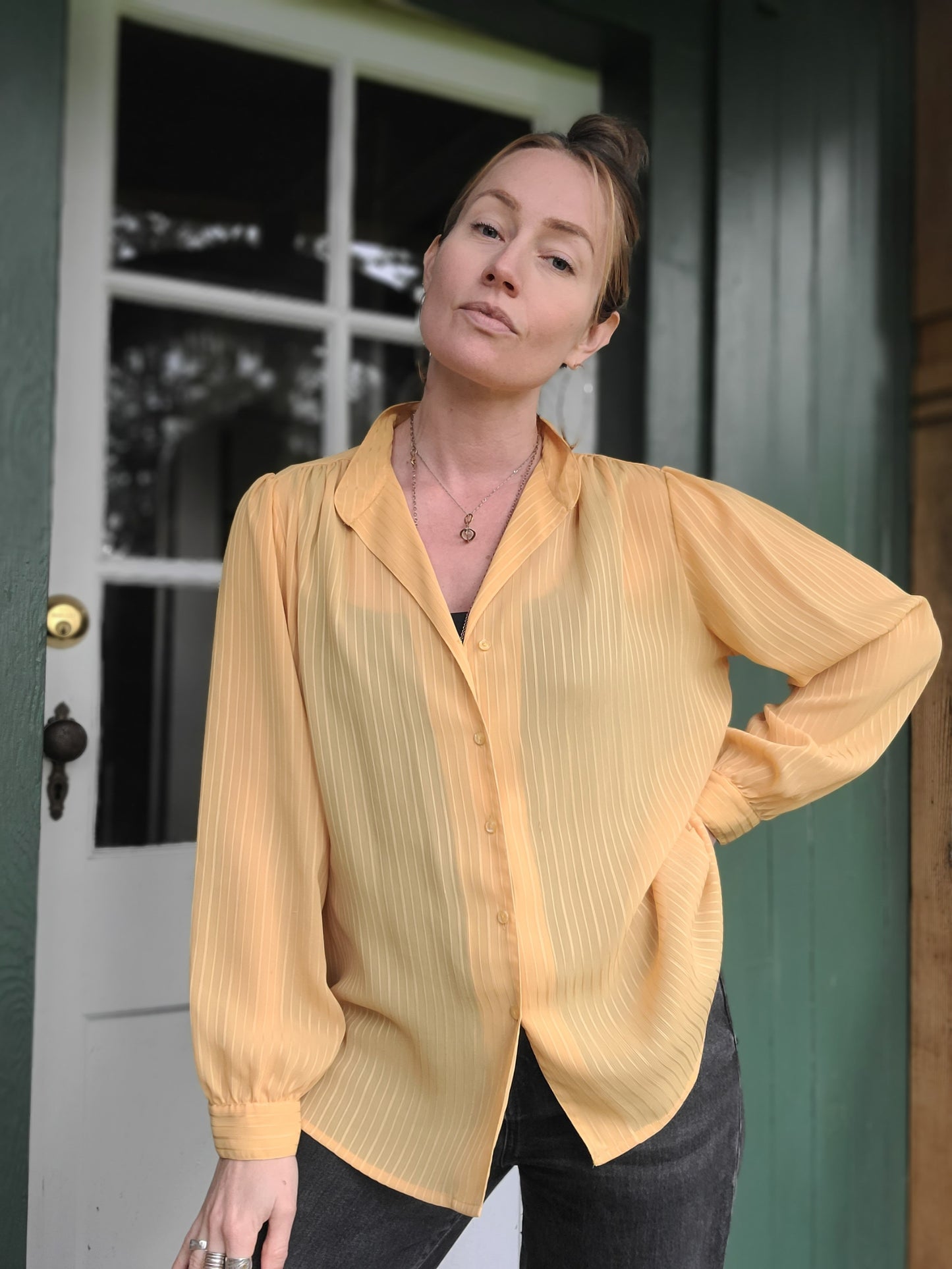 The Aziza Vintage Sheer Mustard Blouse L-XL